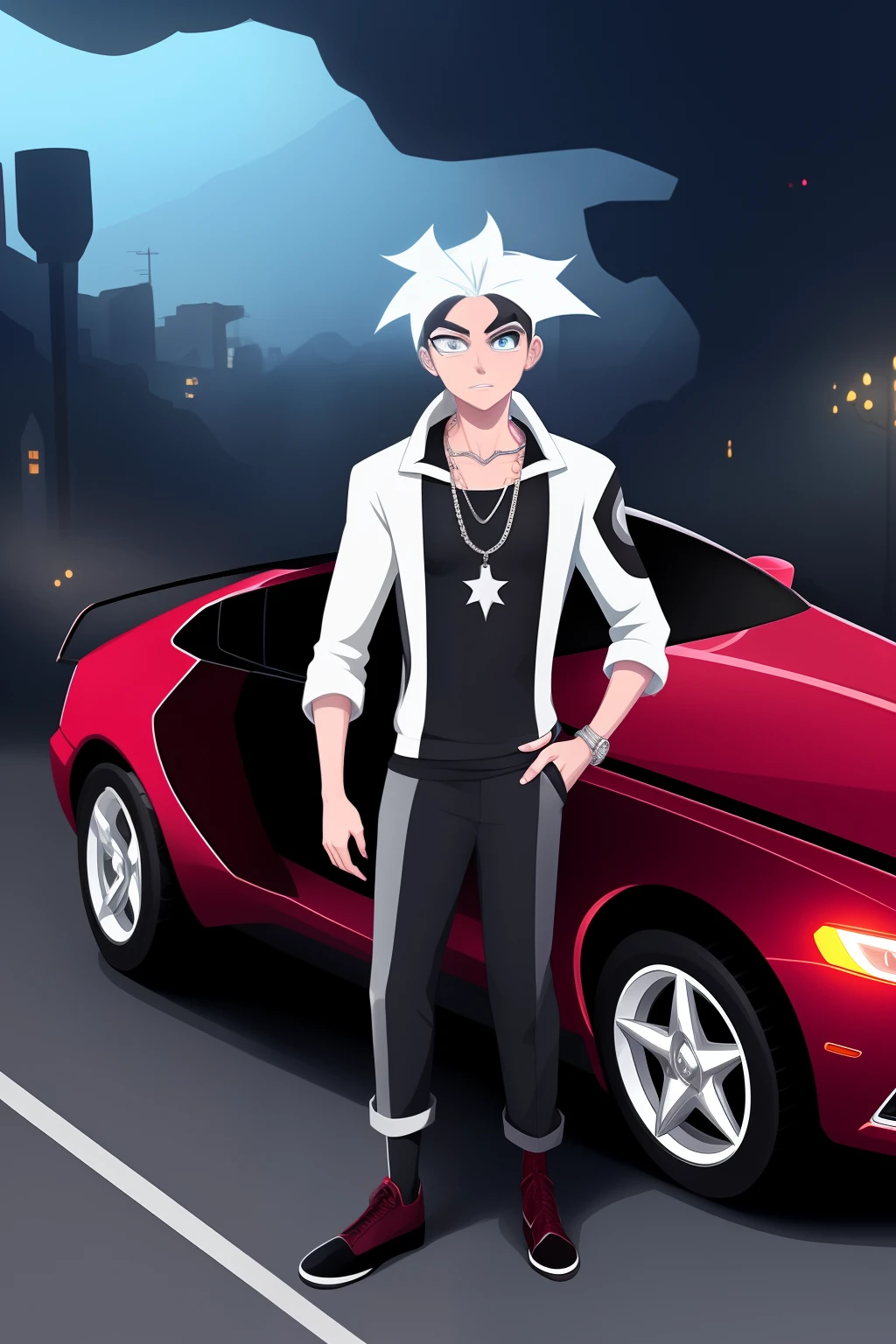 Danny Phantom dressed in designer clothes with a diamond chain around his neck with a phantom car behind him