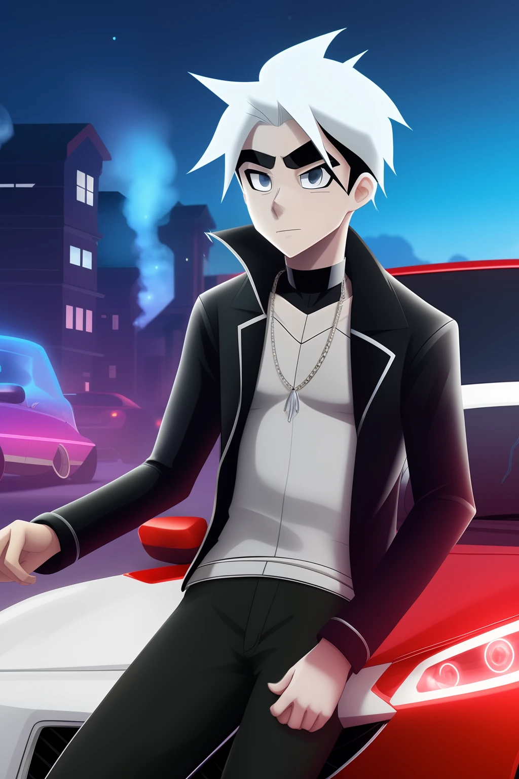 Danny Phantom dressed in designer clothes with a diamond chain around his neck with a phantom car behind him