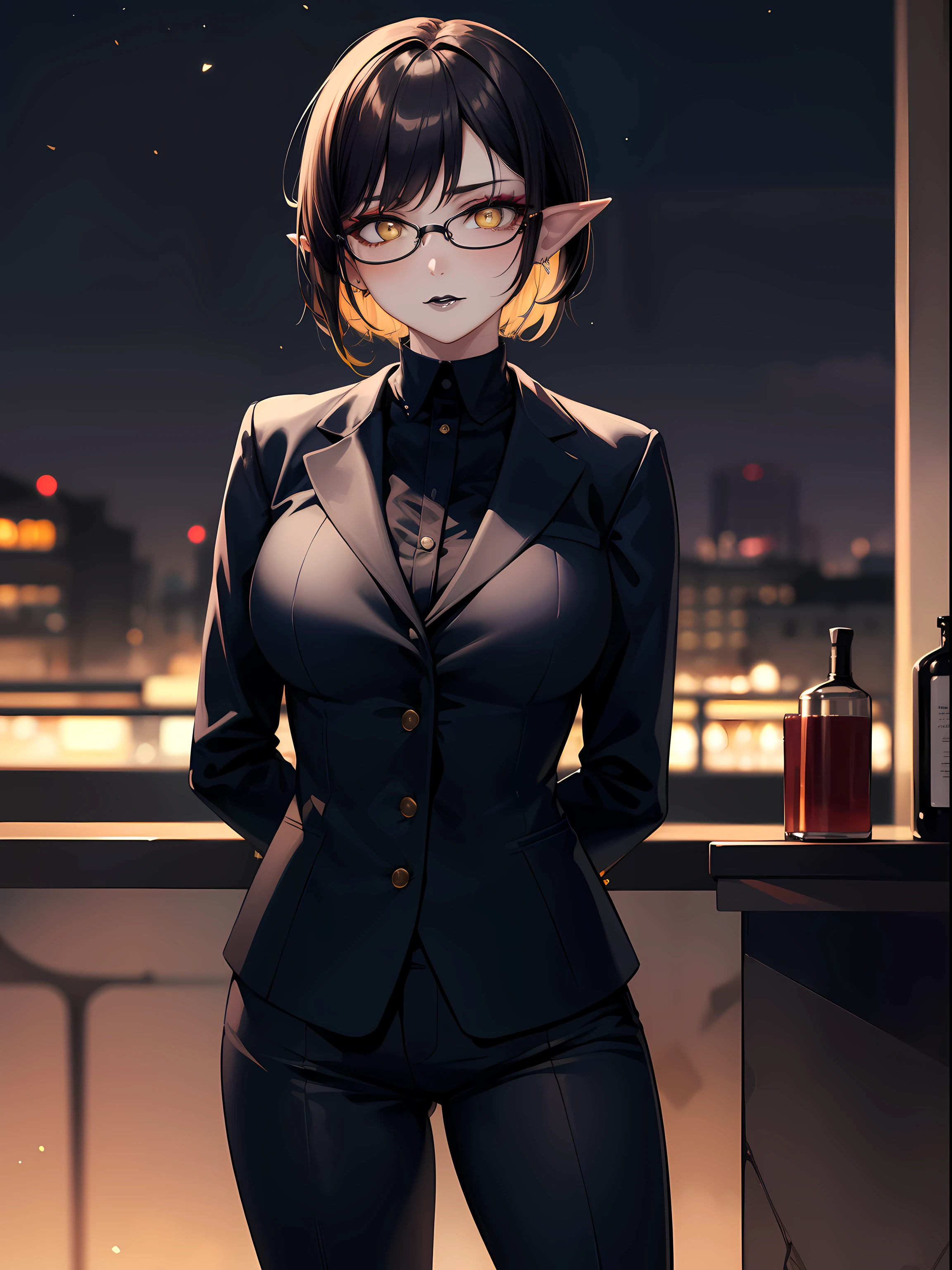 highres, masterpiece, perfect ligthing, bloom, cinematic lighting, adult, perfect skin, female,1girl,solo,black hair,half buzzcut,yellow eyes,pointy ears,makeup, black lipstick ,mature woman, bar,standing,arms behind back,night, glasses, suit,pants,cowboy shot,wind hips