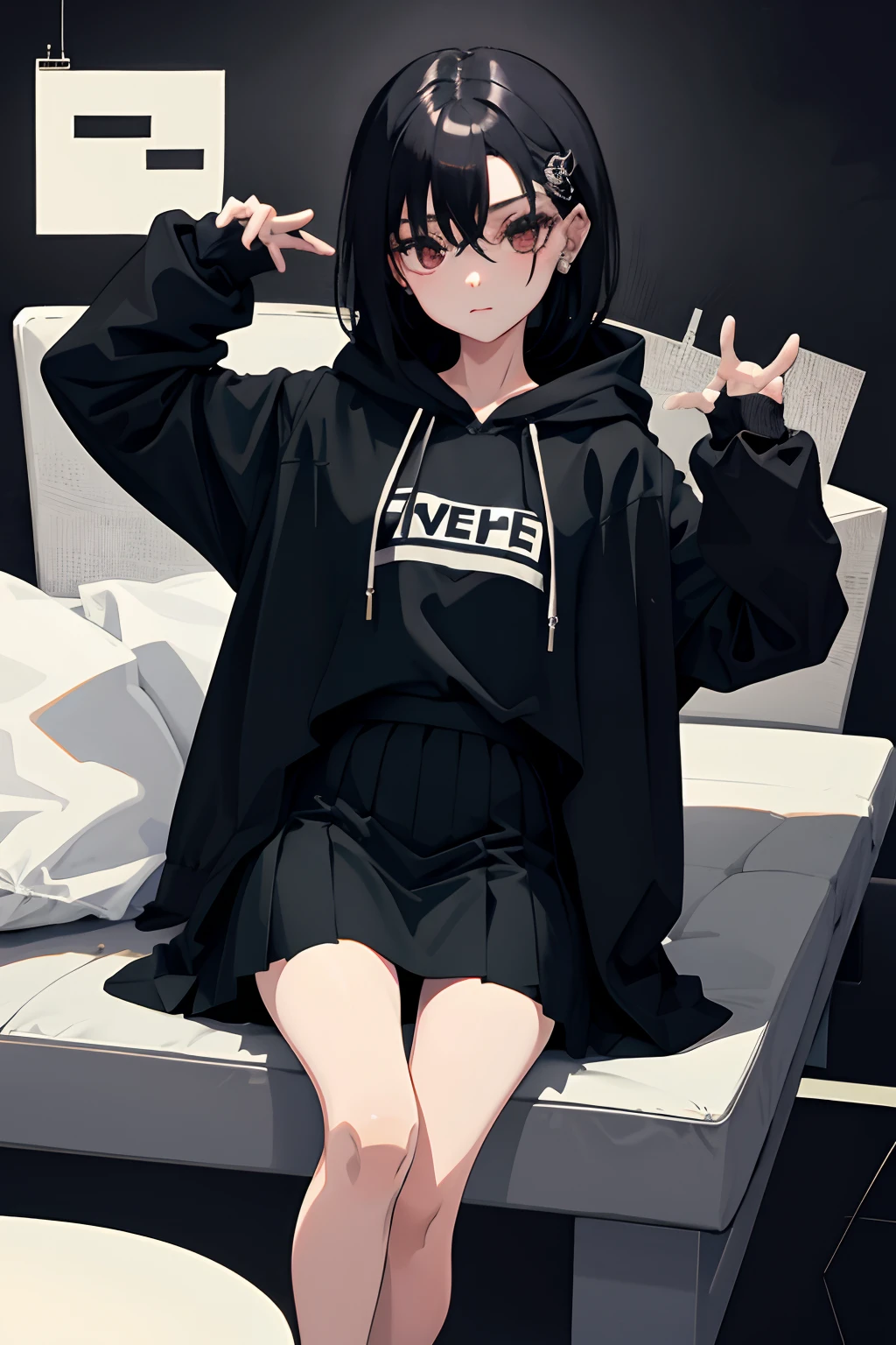 (child),(masterpiece,Highest Quality),Black short-sleeved hoodie,skirt by the,Goth Punk,A dark-haired,Spy,stas