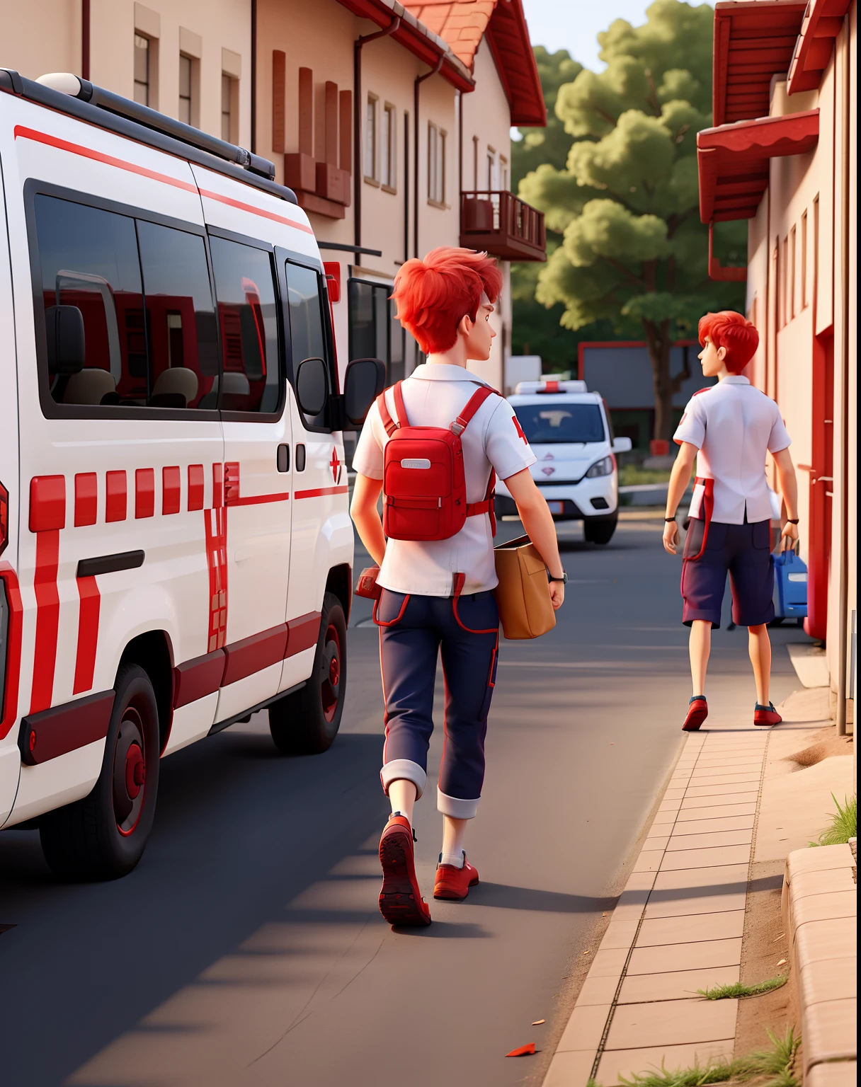 Red-haired samu doctor leaving for care with samu team and ambulance in the background