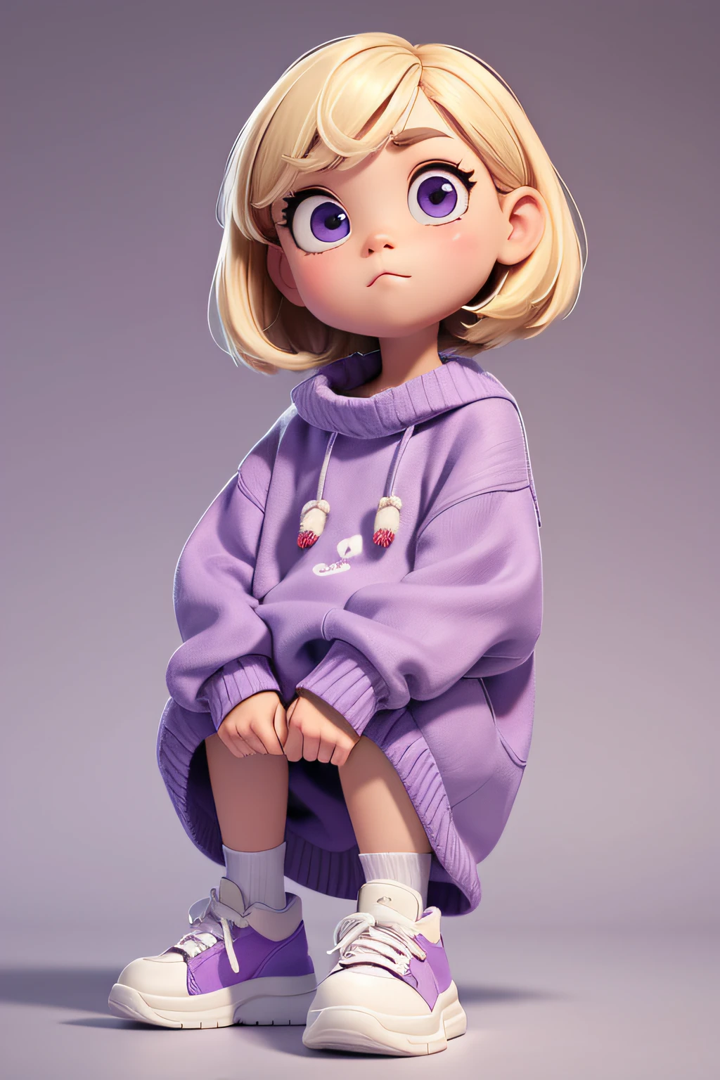 Draw a character with a big head and big eyes。He has a blonde bobcut.、I'm wearing a purple oversized sweater。White and gray sneakers sit at her feet。The background is a simple beige color、A small copy of the character is、Represents what it looks like in the lower right corner。The illustrations are in a cartoon style.、Bright and fun atmosphere。