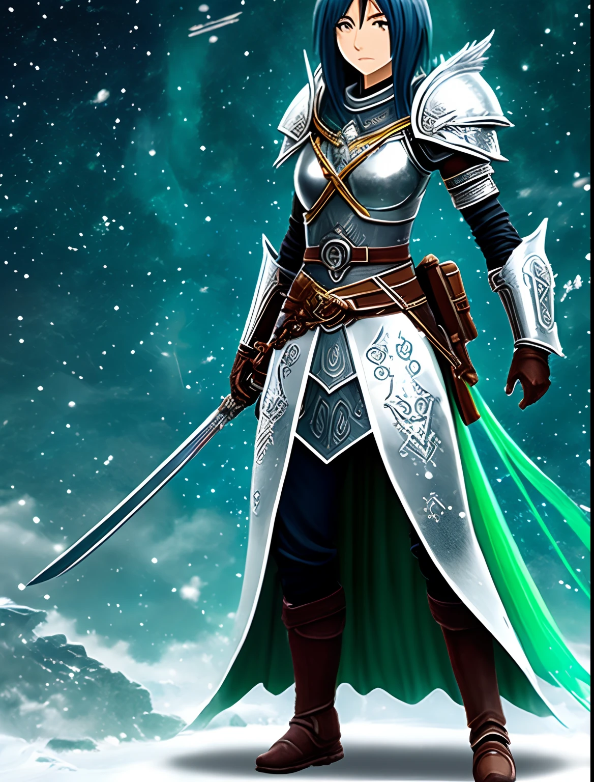 Mikasa ackerman vestindo armadura estilo do anime de Saint Seiya, com um elmo em forma de coroa, wearing a simple white dress underneath an aqua green armor breastplate, a metal belt with armor sides on her skirt, wearing copper shoulder pads and aqua-green metal bracelets, in the middle of the snow and surrounded by ice with the constellation of the Northern Crown