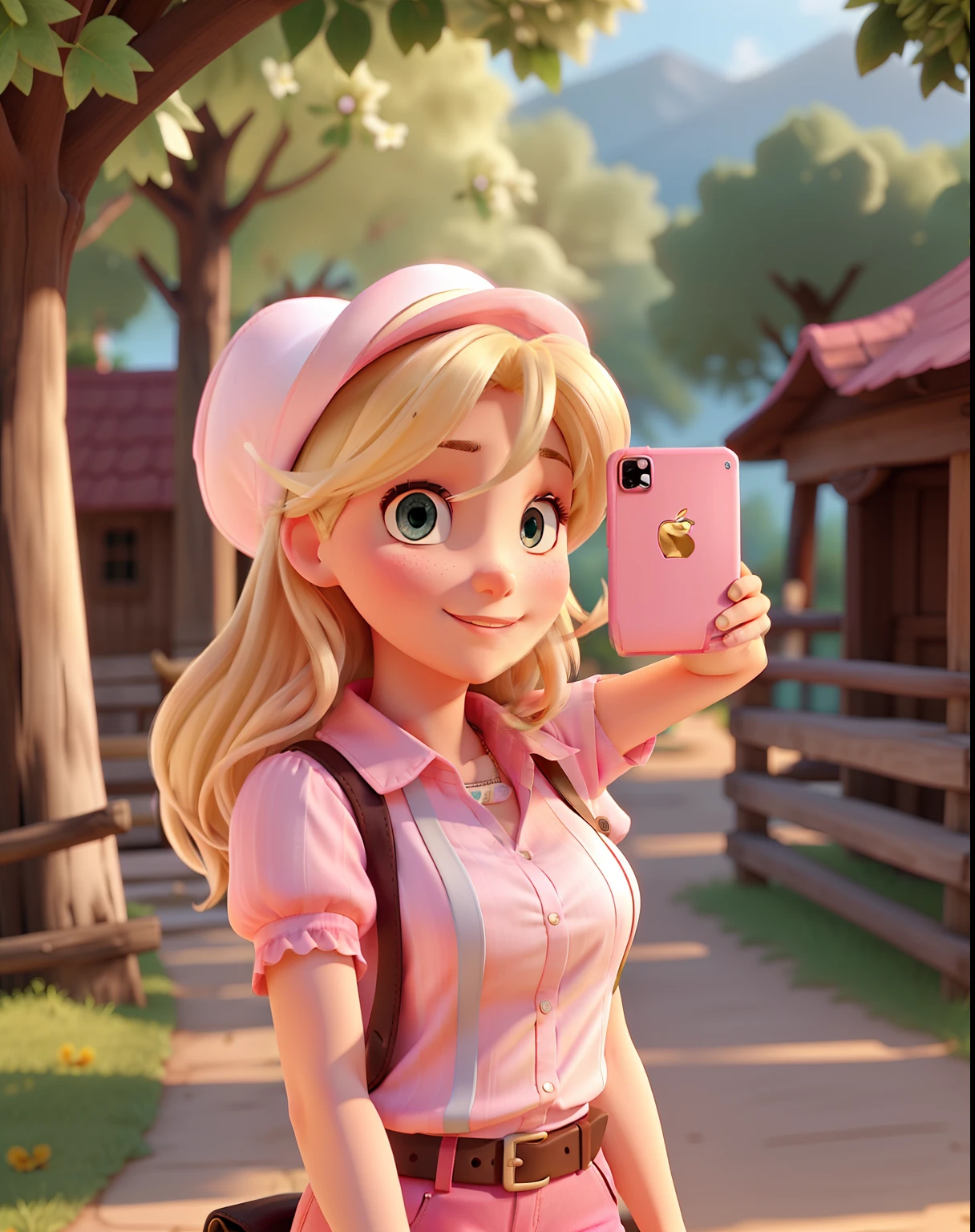 White woman
pink cantry hat
blonde
short
pink blouse
on top of the horse
taking a selfie