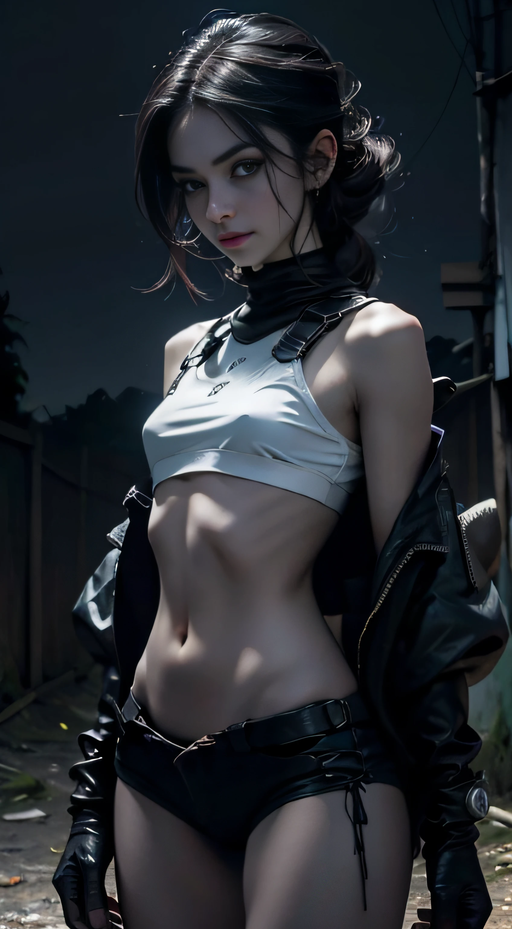 (master part), corpo inteiro,1Very thin chibi girl with very pale white skin, com grandes olhos vermelhos, maquiagem escura sobre a abaixo dos olhos, horror, she is very beautiful, She's slim, evocar, medo, terror, pavor, decair, nojo, Escuro, Excepcionalmente multa, up to, desgrenhado, peito emaciado, torcido, assustador, doente, (Messy_Longas_Escuro_pelos), mistborn, evil eyes, olhos brilhantes, (she's wearing a black_vestir), pernas longas e torneadas, musculatura definida, clima de outono, frio, night time, fundo plano cinza