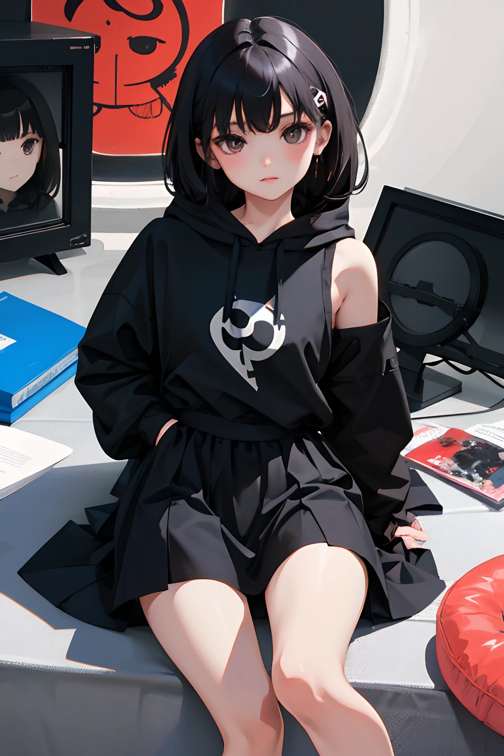 (),(masterpiece,Highest Quality),Black short-sleeved hoodie,skirt by the,Lolita clothes,A dark-haired,Spy