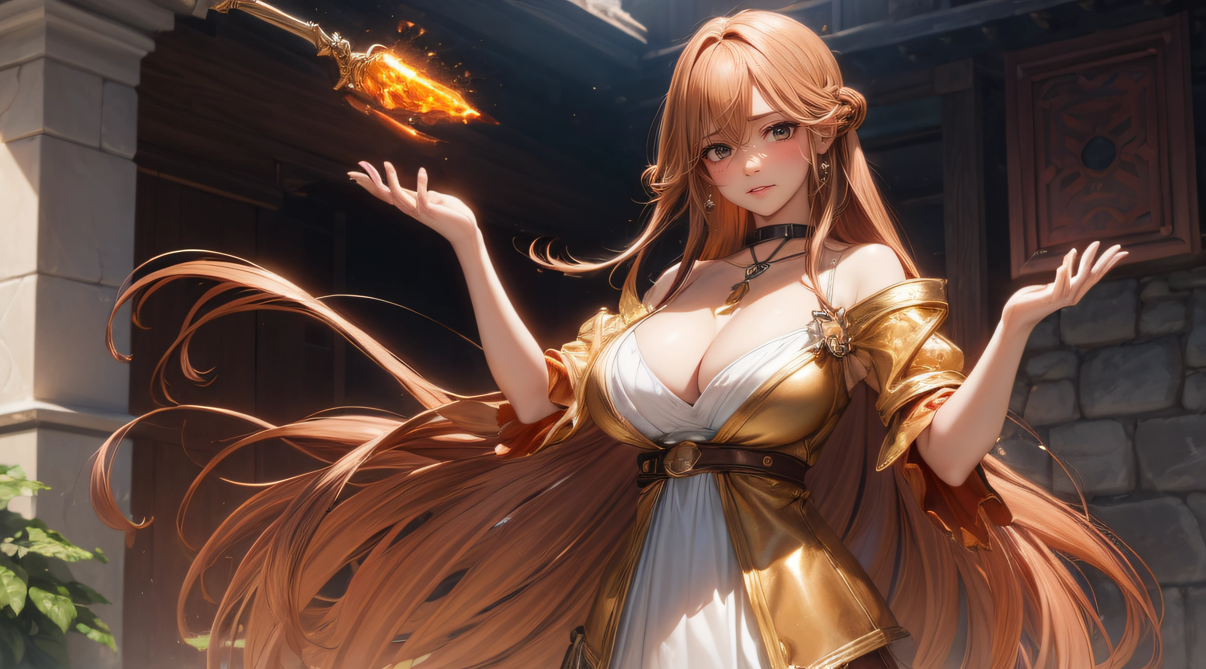 ((looking at viewer:1.5)),((1girl:1.5),curvy,petite,beautiful breasts,large breasts,pale skin,(erect nipples)),((long hair),(thin hair:1.8),(straight hair:1.5),(Swept bangs:1.5),(extra light coppery amber hair:1.5),(hair over one eye:1.2)),((realistic),8k,ultra HD,high resolution,best quality,masterpiece,(Sense of presence:1.5),(Dynamic:1.5),(bold:1.5)),((clothed:1.5),(fantasy:1.5))