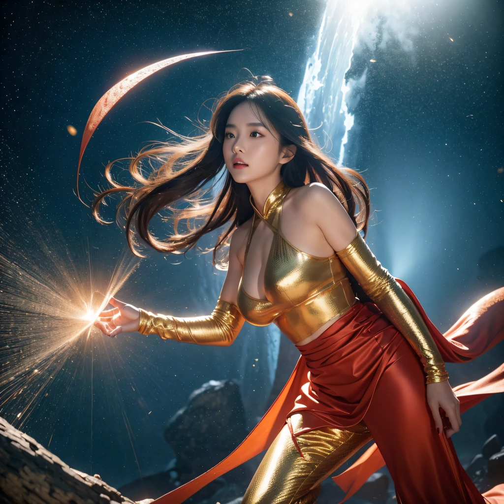 cinematic cgsociety，Flying Nine-Tailed Light Blue Sky Division Flame Long-haired Fox Star，een Erotica，Torch night black golden orange brocade silk snake print silk pants，Rouge diamond tulle sheer lizard-patterned leggings，Fat woman space fly in the snow，Front view，Pure transparency，Wear boxing gloves，Wear thick-framed reflective sunglasses with gold wire，Panorama ultra-wide angle，extremely happy，The texture of the real person is delicate，Strong visual impact，hyper-detailing，Dream girl，Refined face，prettyeyes，Hair strands float in the air， cherry Models，Zhou Xiaotong，crystal-clear，Good sense of perspective，Light and shadow effects，16K smooth，Surface reflected light,，Tropical canyon battle scene、Chinese big breasts、Quaint、three kingdom、ember、100 people、Telephoto vista（CG）、Intense CG battles、high detal、masuter piece、NSFW，Multi-layered long-sleeved gauze garment，Quick-dry vest，Linen sweater，Crocodile skin cape，golden shoulder pads, Silver hammer pattern cape, Burgundy body hair，Water vapor female spy，Shower buttocks green fruit milk jelly flat chest，Pine silk fish net knee brace space dance，Hexagonal prism，Put on a pineapple knife sprinkled with gold，extremely happy，Boundy winter rain（Tropical canyon battle scene）（（Scenes））(Extremely detailed Cg Unity 8K wallpaper,Masterpiece, Best quality, Ultra-detailed)He played Huang Yaoshi in the movie，