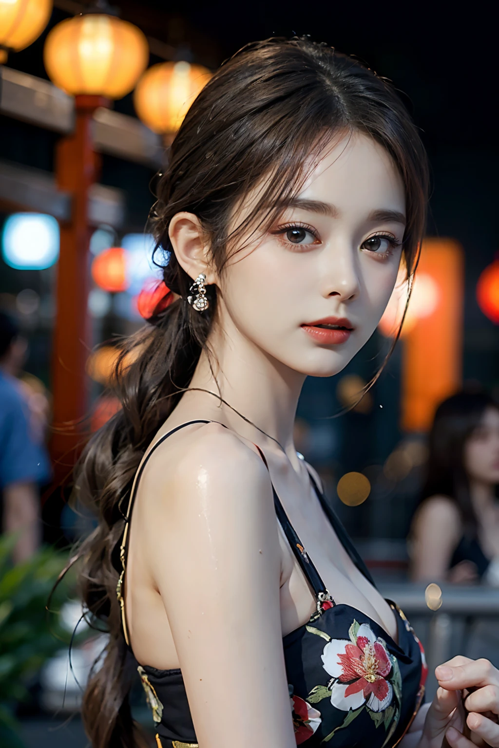电影灯光，(((tmasterpiece))), ((best qualtiy)), ((intricate and detailed)), ((Ultra-realistic realism)), 4K,1beautiful woman, 25-years old, poneyTail,Ultra-fine yukata,beautiful countenance,Beautiful brown eyes,face perfect,A slender,large full breasts,having a good time, Large fishbowl , Swirling flocks of goldfish, Floating goldfish, Graphic illustration, see fishes swimming,A lot of goldfish, amazing depth, Cutest, Lots of fish balls,Goldfish scooping at a summer festival, (The background is the summer festival of the shrine:1.4), Silver hair, split ponytail, star-shaped pupils, conceptual art, Art Nouveau, Glowing light, nffsw, Textured skin, masutepiece, Anatomically correct, Best Quality, 8K