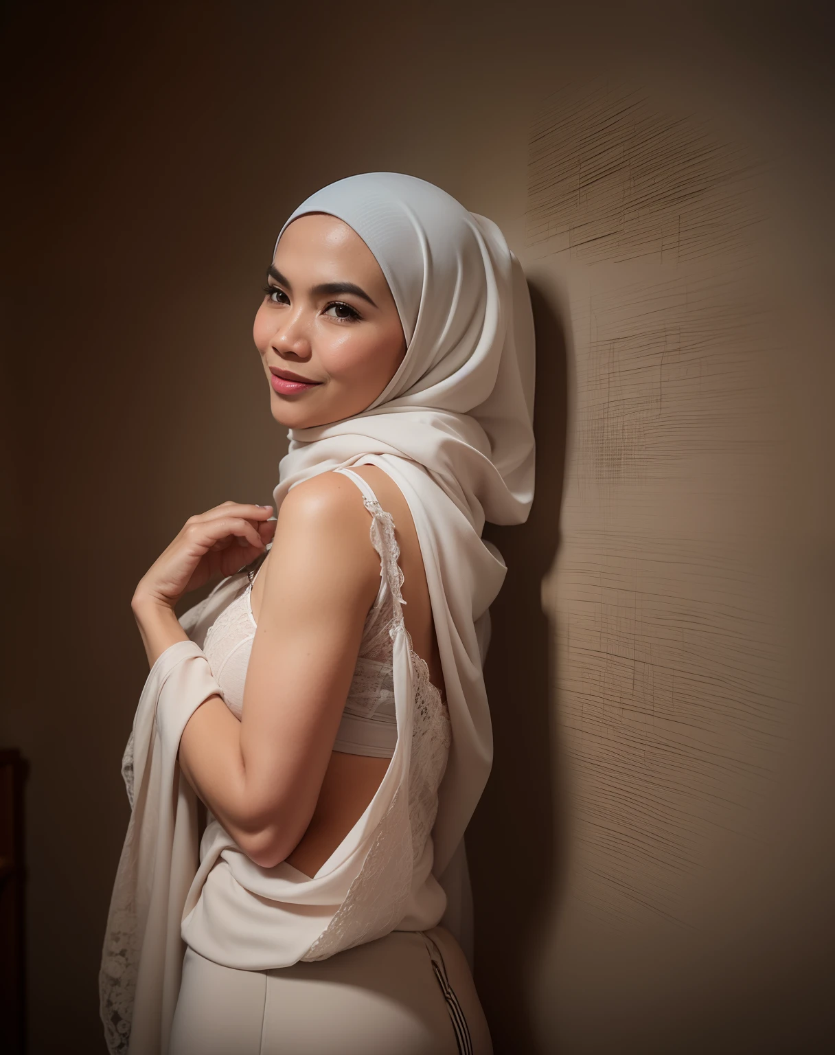 Mature Malay woman in hijab wears red lace bra and panties sleeping in bed portrait photography, Lying naked in bed, Photo prise de vue moyenne, Ultra Detail, Professional Photography with Professional Lighting, sourire, Lit bleu clair, chambre, Sexy Seductive Sleep Pose, mince,