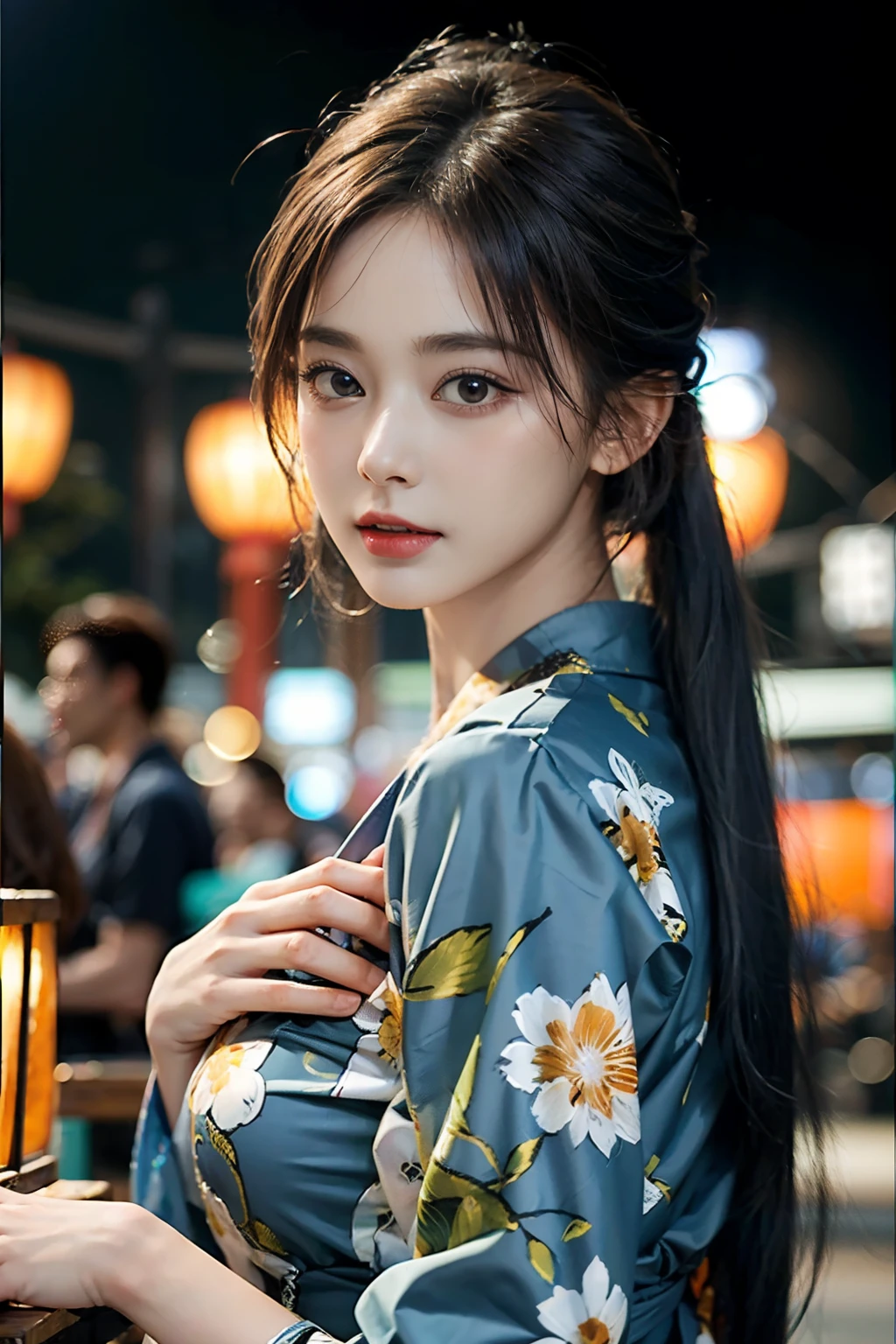 电影灯光，(((tmasterpiece))), ((best qualtiy)), ((intricate and detailed)), ((Ultra-realistic realism)), 4K,1beautiful woman, 25-years old, poneyTail,Ultra-fine yukata,beautiful countenance,Beautiful brown eyes,face perfect,A slender,large full breasts,having a good time, Large fishbowl , Swirling flocks of goldfish, Floating goldfish, Graphic illustration, see fishes swimming,A lot of goldfish, amazing depth, Cutest, Lots of fish balls,Goldfish scooping at a summer festival, (The background is the summer festival of the shrine:1.4), Silver hair, split ponytail, star-shaped pupils, conceptual art, Art Nouveau, Glowing light, nffsw, Textured skin, masutepiece, Anatomically correct, Best Quality, 8K