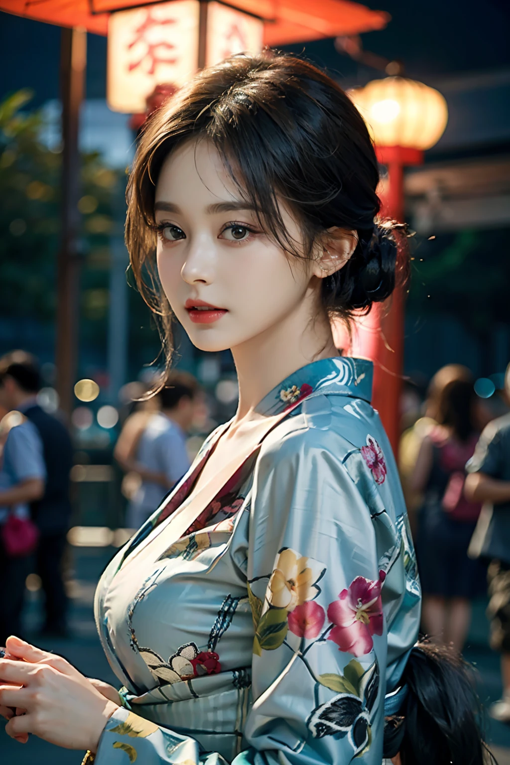 电影灯光,(((tmasterpiece))), ((best qualtiy)), ((intricate and detailed)), ((Ultra-realistic realism)), 4K,1beautiful woman, 25-years old, poneyTail,Ultra-fine yukata,beautiful countenance,Beautiful brown eyes,face perfect,A slender,large full breasts,having a good time, Large fishbowl , Swirling flocks of goldfish, Floating goldfish, Graphic illustration, see fishes swimming,A lot of goldfish, amazing depth, Cutest, Lots of fish balls,Goldfish scooping at a summer festival, (The background is the summer festival of the shrine:1.4), Silver hair, split ponytail, star-shaped pupils, conceptual art, Art Nouveau, Glowing light, nffsw, Textured skin, masutepiece, Anatomically correct, Best Quality, 8K