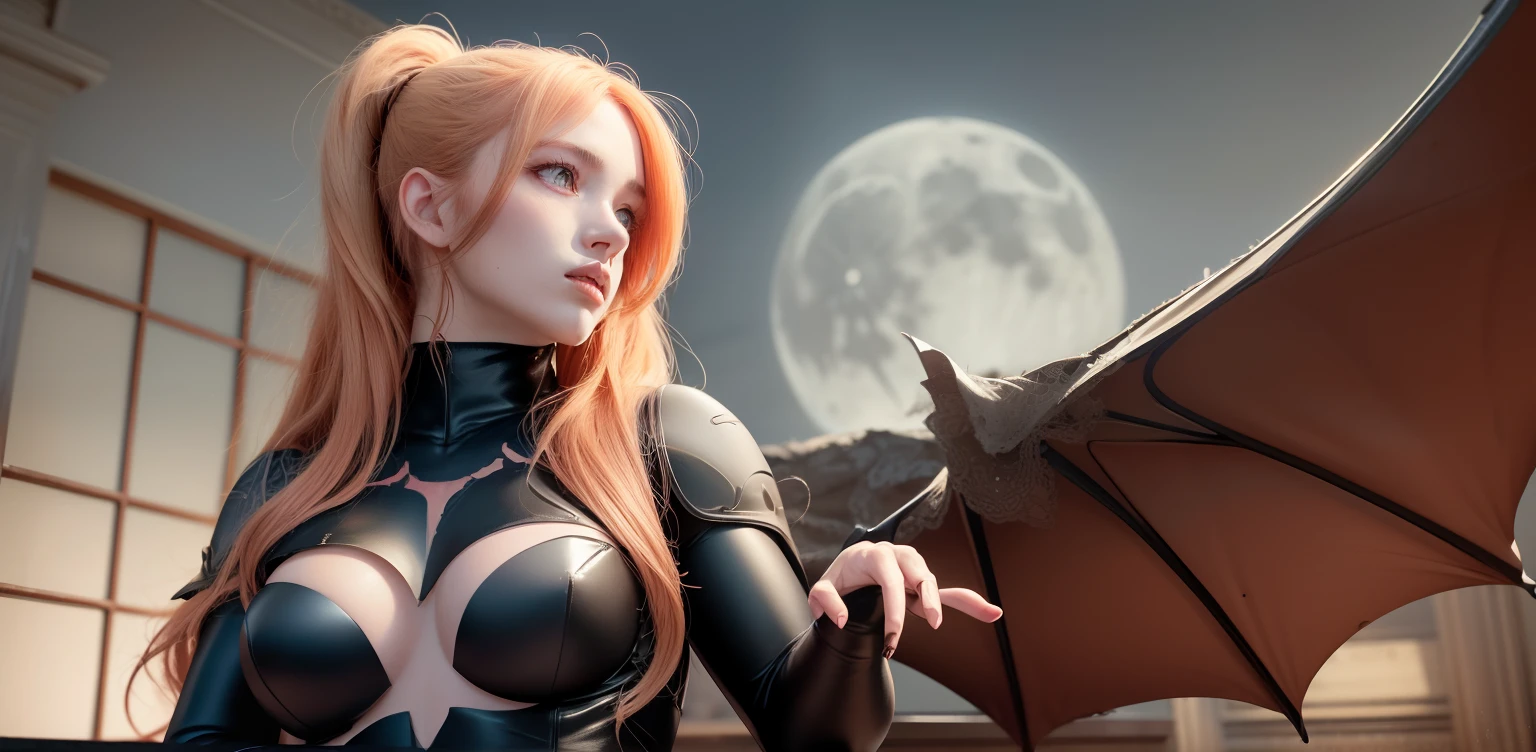 best quality, masterpiece, (realistic:1.2), 1girl, strawberry blonde hair, red eyes, Front, detailed face, beautiful eyes, bat wings, sitting one floor, bats, blue bodysuit, ponytail, vampire, cloud, moon, solo, high quality face, tech bodysuit, night, dusk, full moon, swarm of bats, red iris