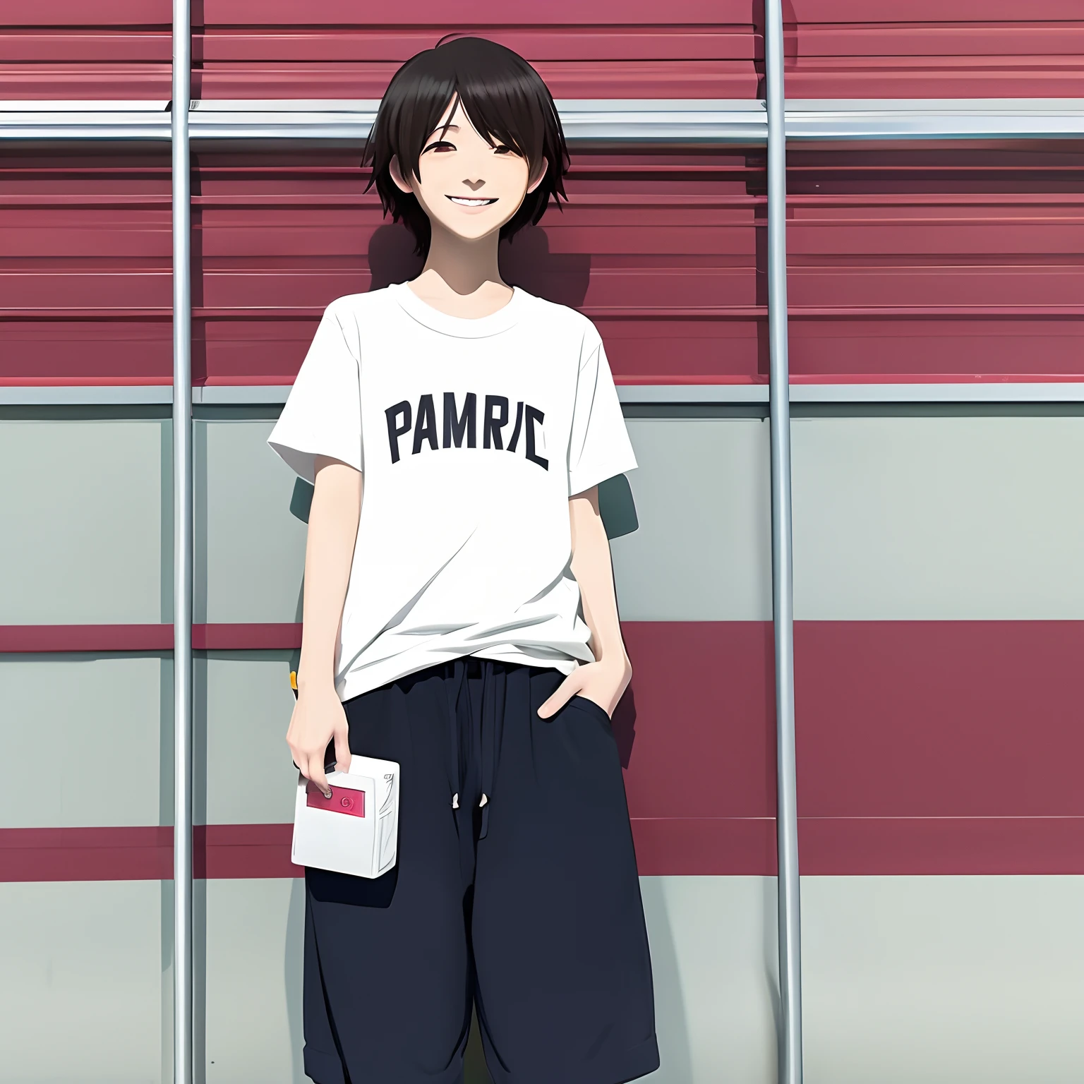 The whole picture illustratio Shota Anime style Short pants lowfers A dark-haired Ashamed soio Forward-facing a smile Left Hand Piece Grabbing the right hand pants