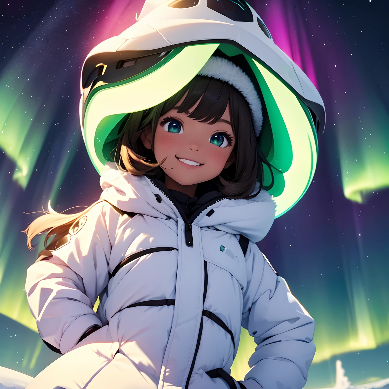 Arctic, aurora borealis, cute girl, happy face, brown skin, masterpiece, top quality, highest image quality