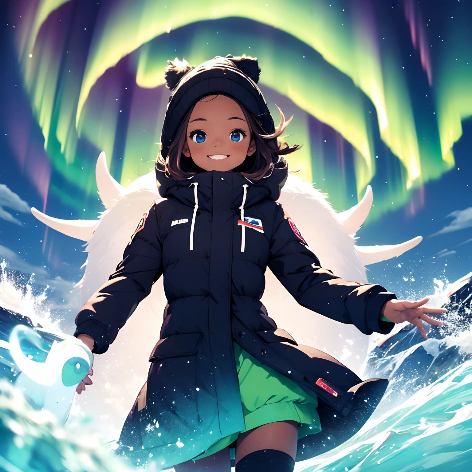 Arctic, aurora borealis, cute girl, happy face, brown skin, masterpiece, top quality, highest image quality