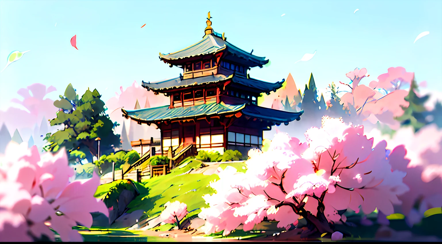 Describe an image of the picturesque Japanese village surrounded by cherry blossoms. ,
hyper-realistic, 8k, ultra hd, Pixar style, Japanese style, cinema 4d, --ar 3:2