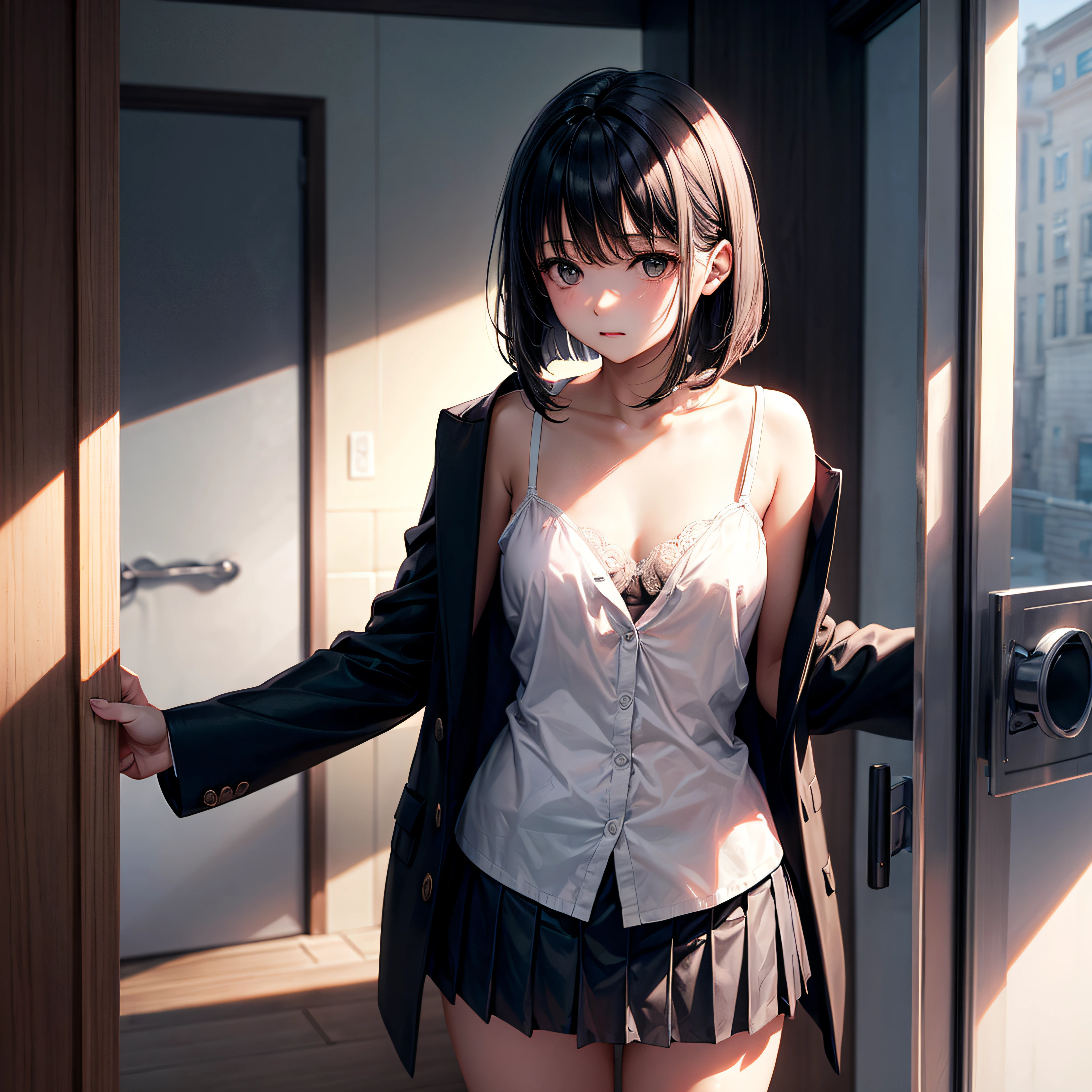 realisitic、top-quality、Stand against the wall、Mileland、((One Woman:1.5))、Black hair、shoulder length hair、Medium chest、Medium bob、Gray eyes、Outside the room、Black suit skirt、white shirt、Black underwear、Open your clothes