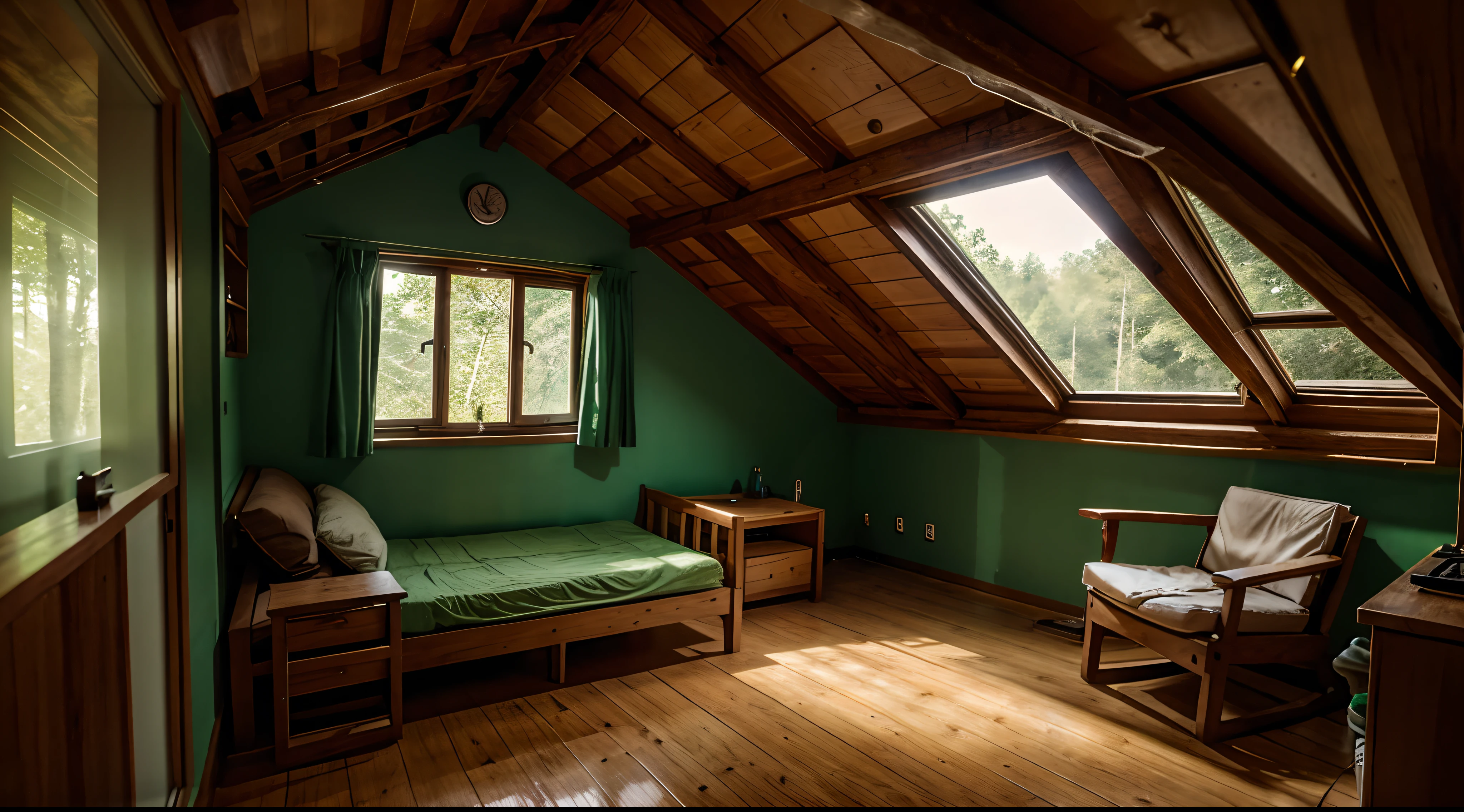 inside a small house in a forest, leaves green