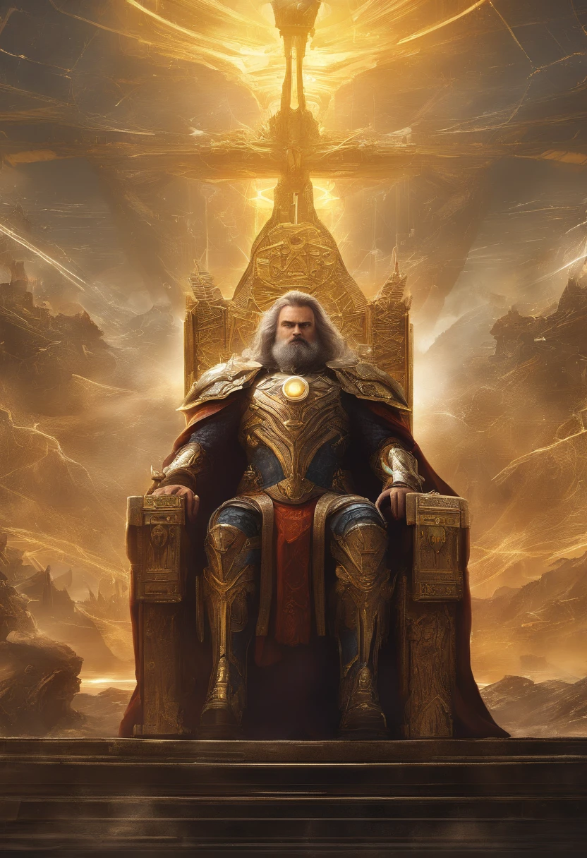 The Emperor of Humanity in his triumphant moment of victory as the Warhammer universe's supreme ruler, surrounded by his loyal subjects and armies. (best quality,4k,8k,highres,masterpiece:1.2),ultra-detailed,(realistic,photorealistic,photo-realistic:1.37), regal golden armor, majestic pose, transcendent energy radiating from his body, intricate detailed face and beard, piercing, wise eyes radiating power, intricate ornate crown symbolizing his authority and wisdom, angelic halo-like aura surrounding his head, surrounded by battleships and spacecrafts displaying his dominion over space, glowing power armor emitting a divine light, massive golden throne upon which he sits, with intricate engravings and symbols representative of his achievements, a vast, futuristic cityscape in the background, showcasing his empire's technological prowess, blazing banners depicting his heraldry and emblems fluttering in the wind, a golden sun shining, casting a warm light on the scene, illuminating the Emperor's grandeur and majesty. (landscapes,scifi,concept art,war)