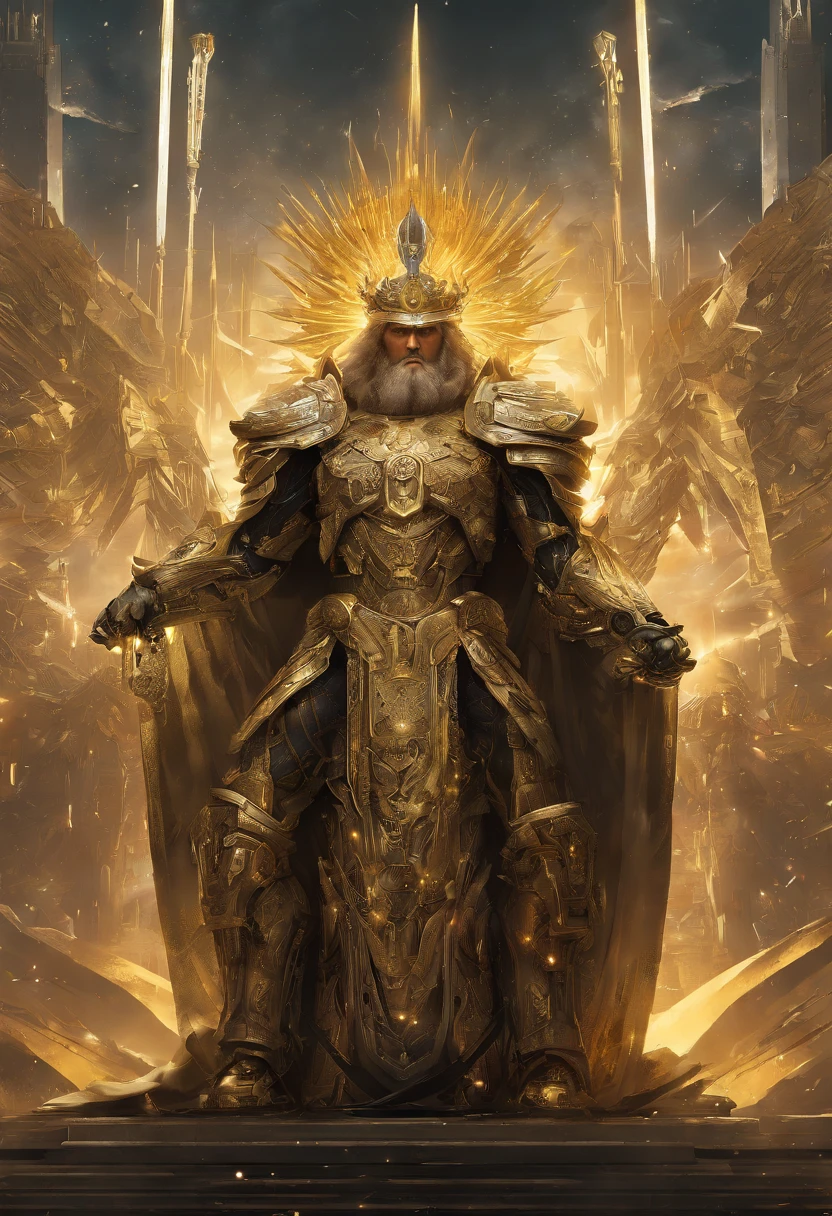 The Emperor of Humanity in his triumphant moment of victory as the Warhammer universe's supreme ruler, surrounded by his loyal subjects and armies. (best quality,4k,8k,highres,masterpiece:1.2),ultra-detailed,(realistic,photorealistic,photo-realistic:1.37), regal golden armor, majestic pose, transcendent energy radiating from his body, intricate detailed face and beard, piercing, wise eyes radiating power, intricate ornate crown symbolizing his authority and wisdom, angelic halo-like aura surrounding his head, surrounded by battleships and spacecrafts displaying his dominion over space, glowing power armor emitting a divine light, massive golden throne upon which he sits, with intricate engravings and symbols representative of his achievements, a vast, futuristic cityscape in the background, showcasing his empire's technological prowess, blazing banners depicting his heraldry and emblems fluttering in the wind, a golden sun shining, casting a warm light on the scene, illuminating the Emperor's grandeur and majesty. (landscapes,scifi,concept art,war)