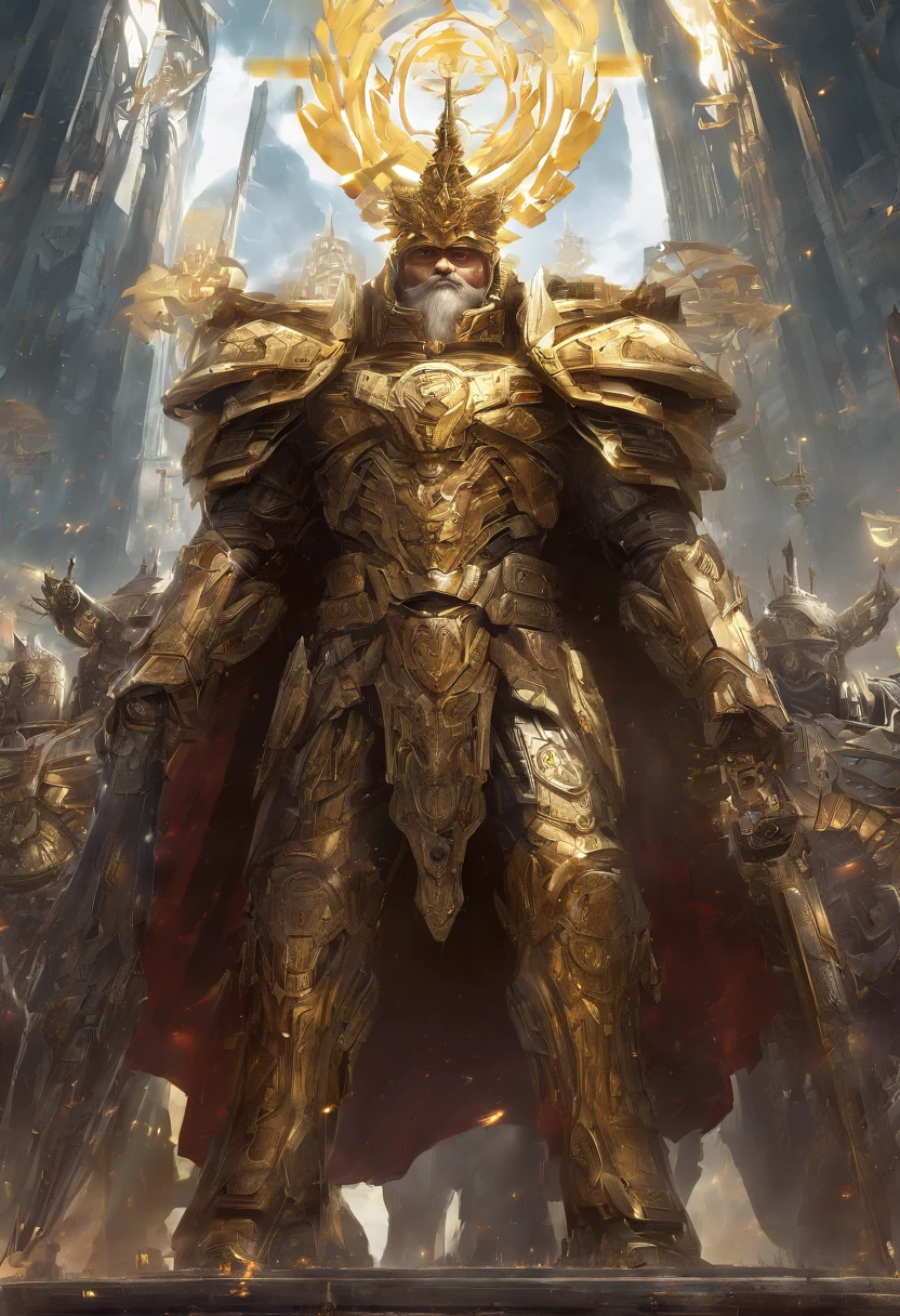 The Emperor of Humanity in his triumphant moment of victory as the Warhammer universe's supreme ruler, surrounded by his loyal subjects and armies. (best quality,4k,8k,highres,masterpiece:1.2),ultra-detailed,(realistic,photorealistic,photo-realistic:1.37), regal golden armor, majestic pose, transcendent energy radiating from his body, intricate detailed face and beard, piercing, wise eyes radiating power, intricate ornate crown symbolizing his authority and wisdom, angelic halo-like aura surrounding his head, surrounded by battleships and spacecrafts displaying his dominion over space, glowing power armor emitting a divine light, massive golden throne upon which he sits, with intricate engravings and symbols representative of his achievements, a vast, futuristic cityscape in the background, showcasing his empire's technological prowess, blazing banners depicting his heraldry and emblems fluttering in the wind, a golden sun shining, casting a warm light on the scene, illuminating the Emperor's grandeur and majesty. (landscapes,scifi,concept art,war)
