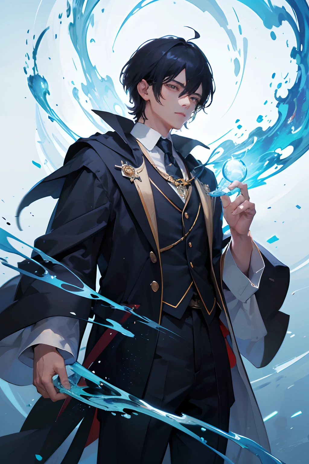 masterpiece, (absurdres, highres, ultra detailed), 1 man, handsome man, wizard, mage, magical academy in the background, magic, short hair