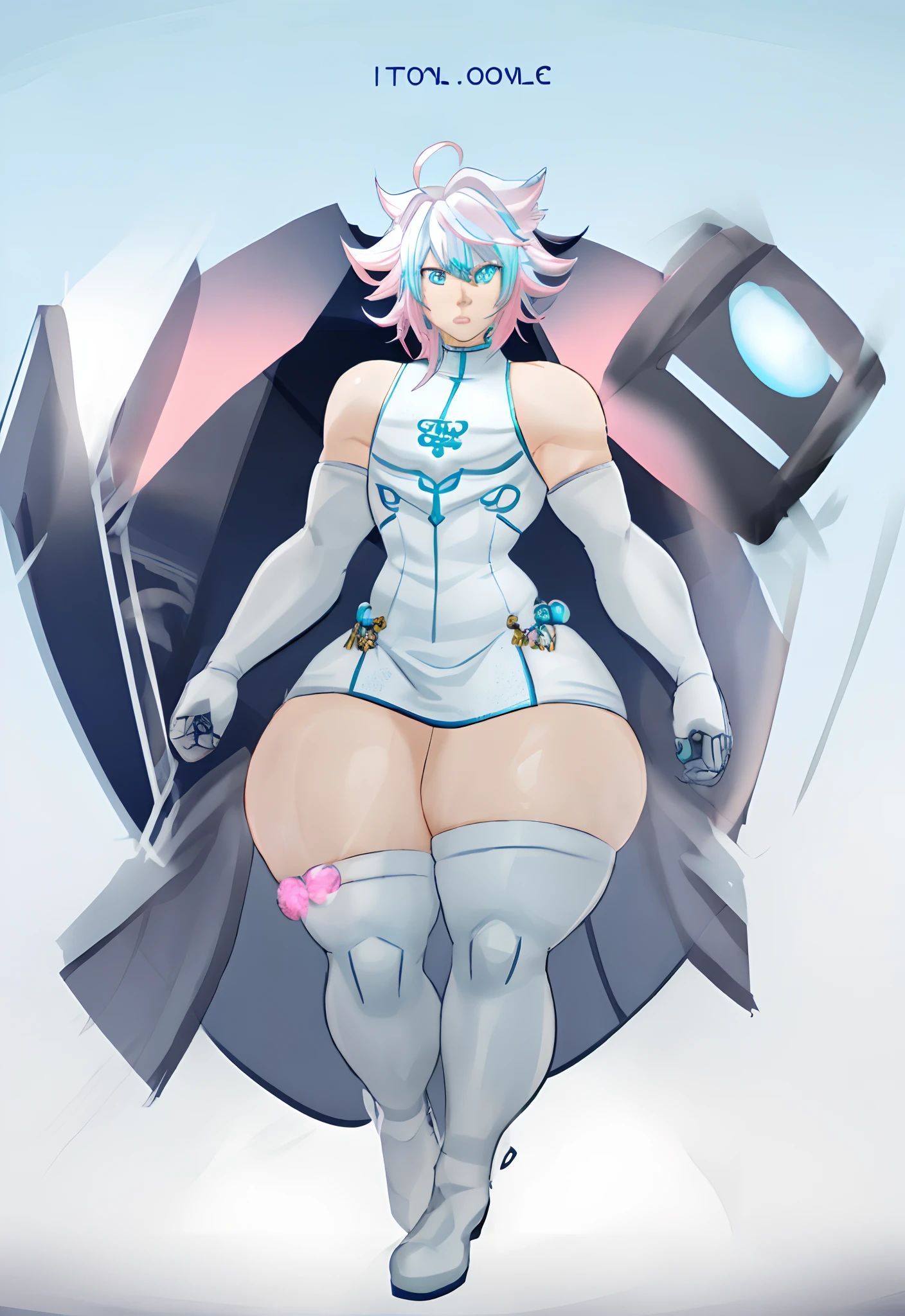 a anime styled image of a man with a large white cybernetic Hammer in his hand, he has a ((gigantic_hips)) ,(( hyper thighs,gigantic ass)) , (Short build), ((White hair with Blue and Pink Streaks)) androgynous, Femboy , Messy hair, SFW, High quality, expression( annoyed and Angered),((High quality, masterpiece High aesthetic)),(( White and cyan china dress with heart cutout))