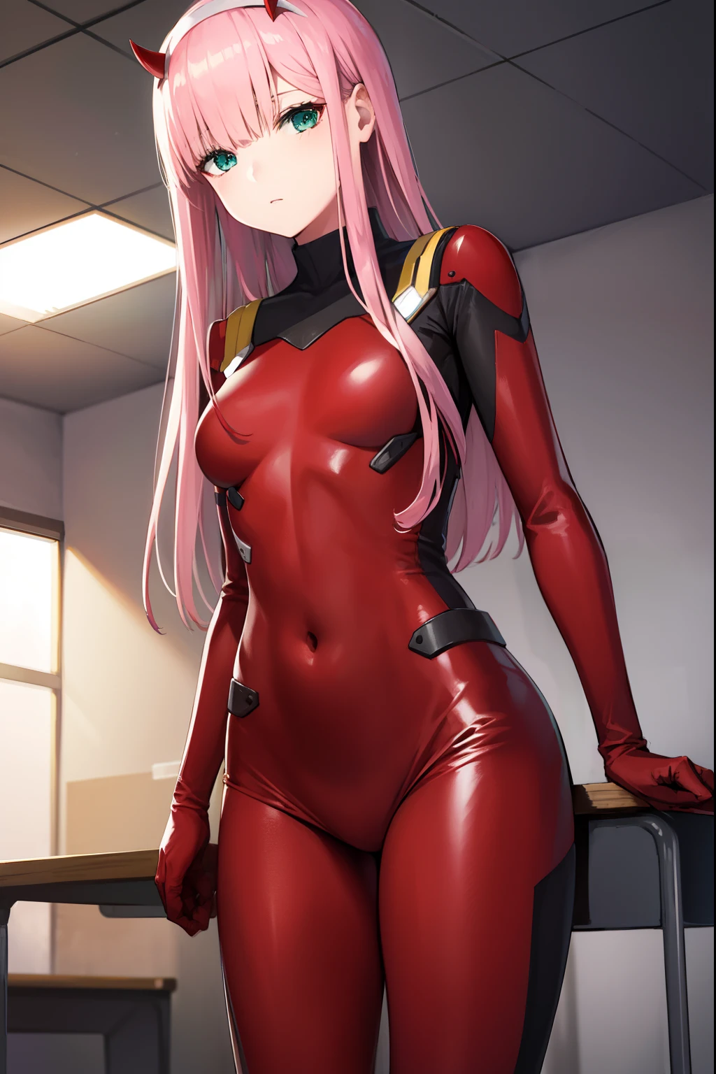 zerotwo, zero two, (green eyes:1.5), hairband, horns, long hair, pink hair, red horns, white hairband,
BREAK bodysuit, covered navel, pilot suit, red bodysuit, science fiction,
BREAK indoors, classroom,
BREAK looking at viewer, BREAK (masterpiece:1.2), best quality, high resolution, unity 8k wallpaper, (illustration:0.8), (beautiful detailed eyes:1.6), extremely detailed face, perfect lighting, extremely detailed CG, (perfect hands, perfect anatomy),