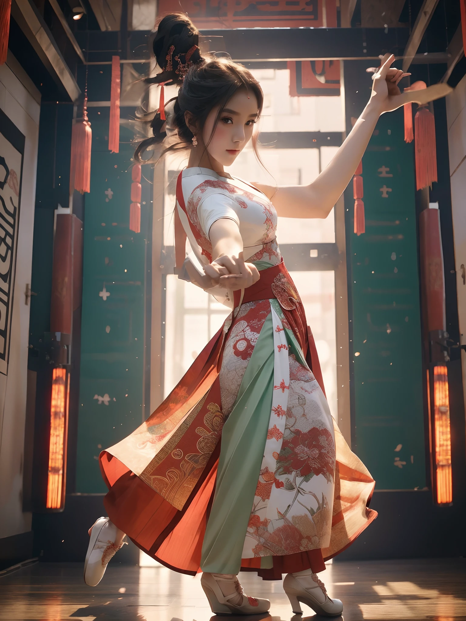 An anime beautiful girl dancing with beautiful on the stage, wearing semi traditional modern dress, red, green and white colors, stylish hair, chinese traditional dancing, in high quality, perfect anatomy, intricated detailed, ultra HD resolution, anime style