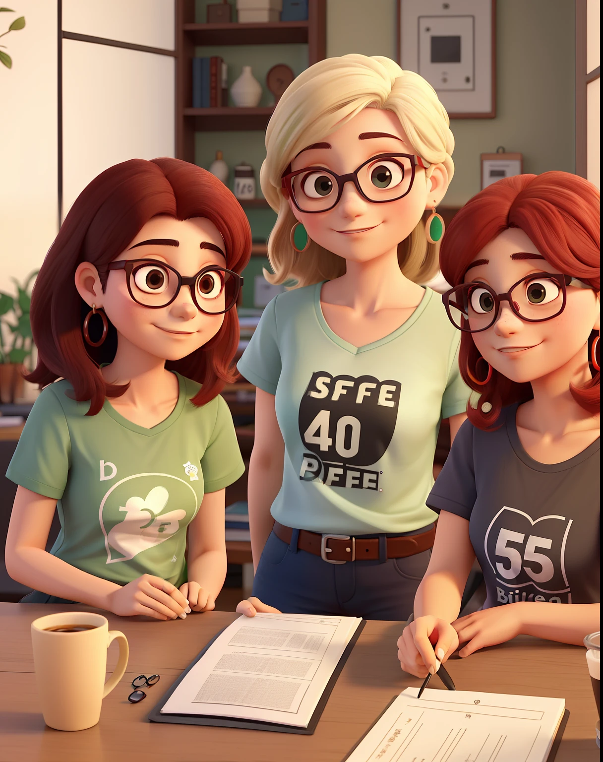 Obra-prima, de melhor qualidade, Three psychologists drinking coffee, sendo uma mulher de 40 anos loira, With shoulder-length hair, boca vermelha, brincos dourados gordinha com camiseta escrito Setting Corporativo, uma mulher japonesa com cabelo bem curto e encaracolado e raspado do lado esquerdo, with big glasses and big red rectangular earring, camiseta verde escrita Setting Corporativo, um homem de 55 anos, com bastante cabelo e barba grisalha, with Jung glasses with t-shirt written Corporate Setting. The three of them drink coffee and chat in a room at Freud's