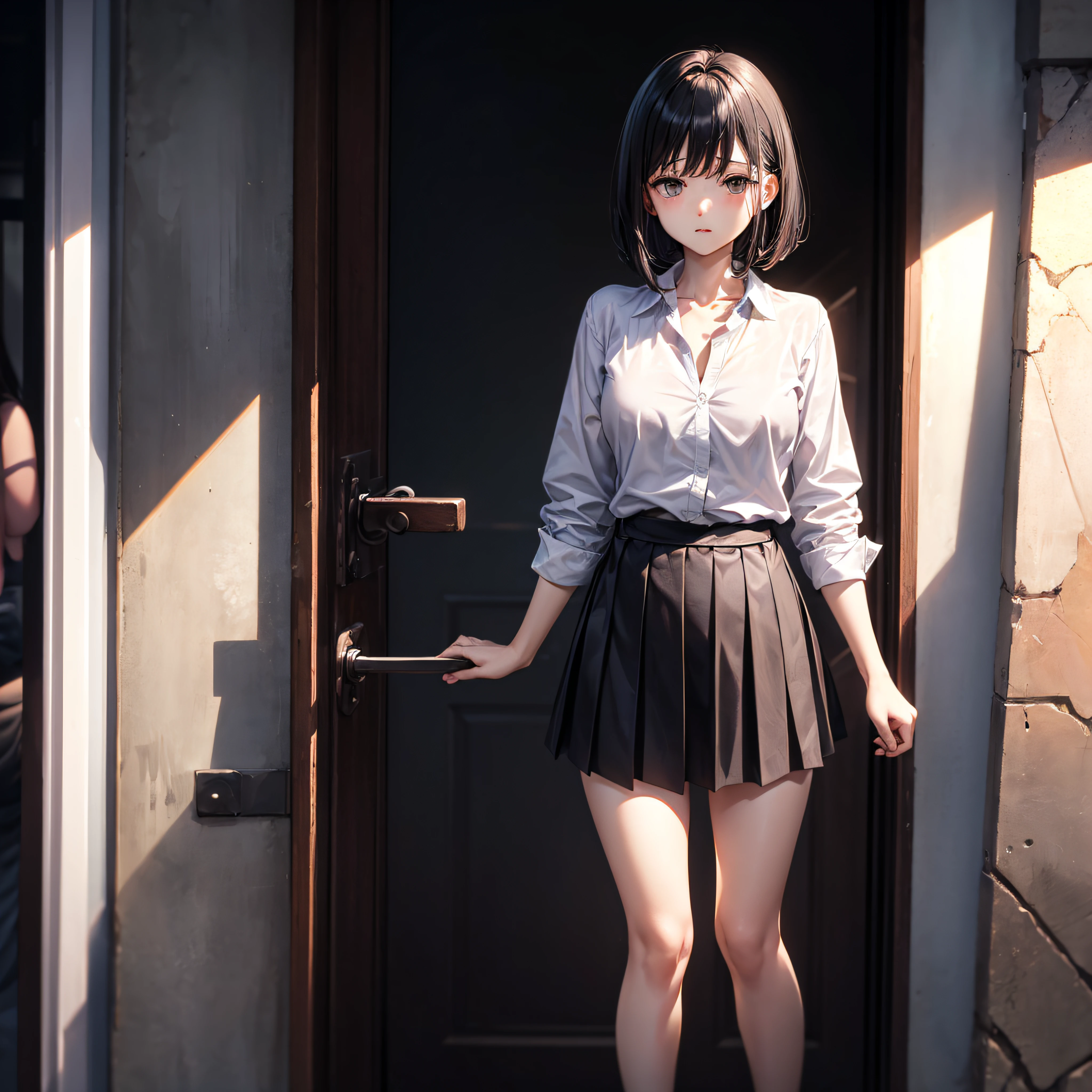 realisitic、top-quality、Stand against the wall、Mileland、((One Woman:1.5))、Black hair、shoulder length hair、Medium chest、Medium bob、Gray eyes、Outside the room、Black suit skirt、white shirt、Black underwear、Open your clothes