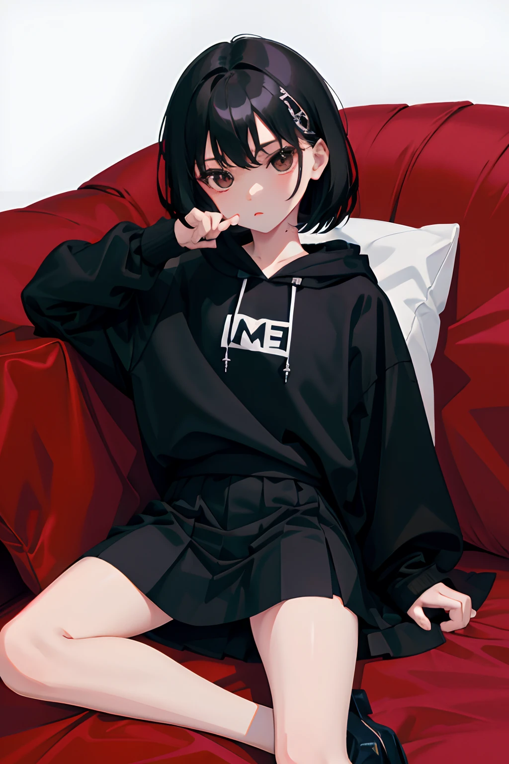 (),(masterpiece,Highest Quality),Black short-sleeved hoodie,skirt by the,Lolita clothes,A dark-haired,Spy
