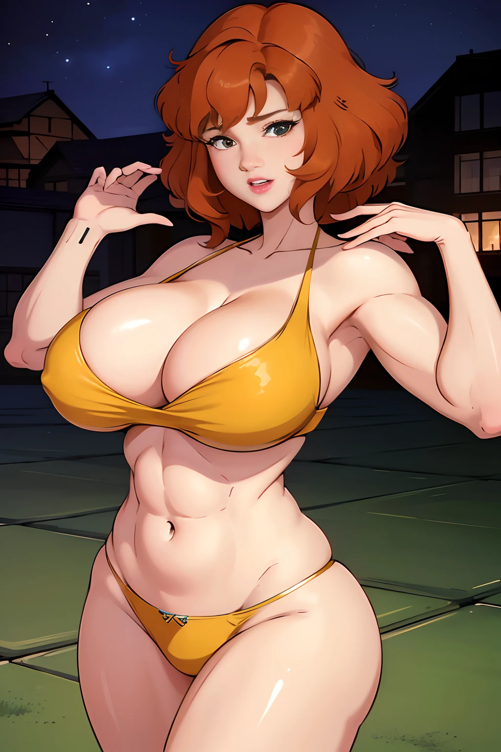 Cowboy shot, April O'Neill, 1980s \(style of\), 1girl, brown hair, orange hair, retro artstyle, Short hair, Yellow bikini, very large_pectorals, wide hips, cleavage, night city background, cute face, Protruding Breasts, nice hands, perfect arms, Torpedo Tits, Hypermuscular Body, Very muscular girl, Super Huge Biceps,
