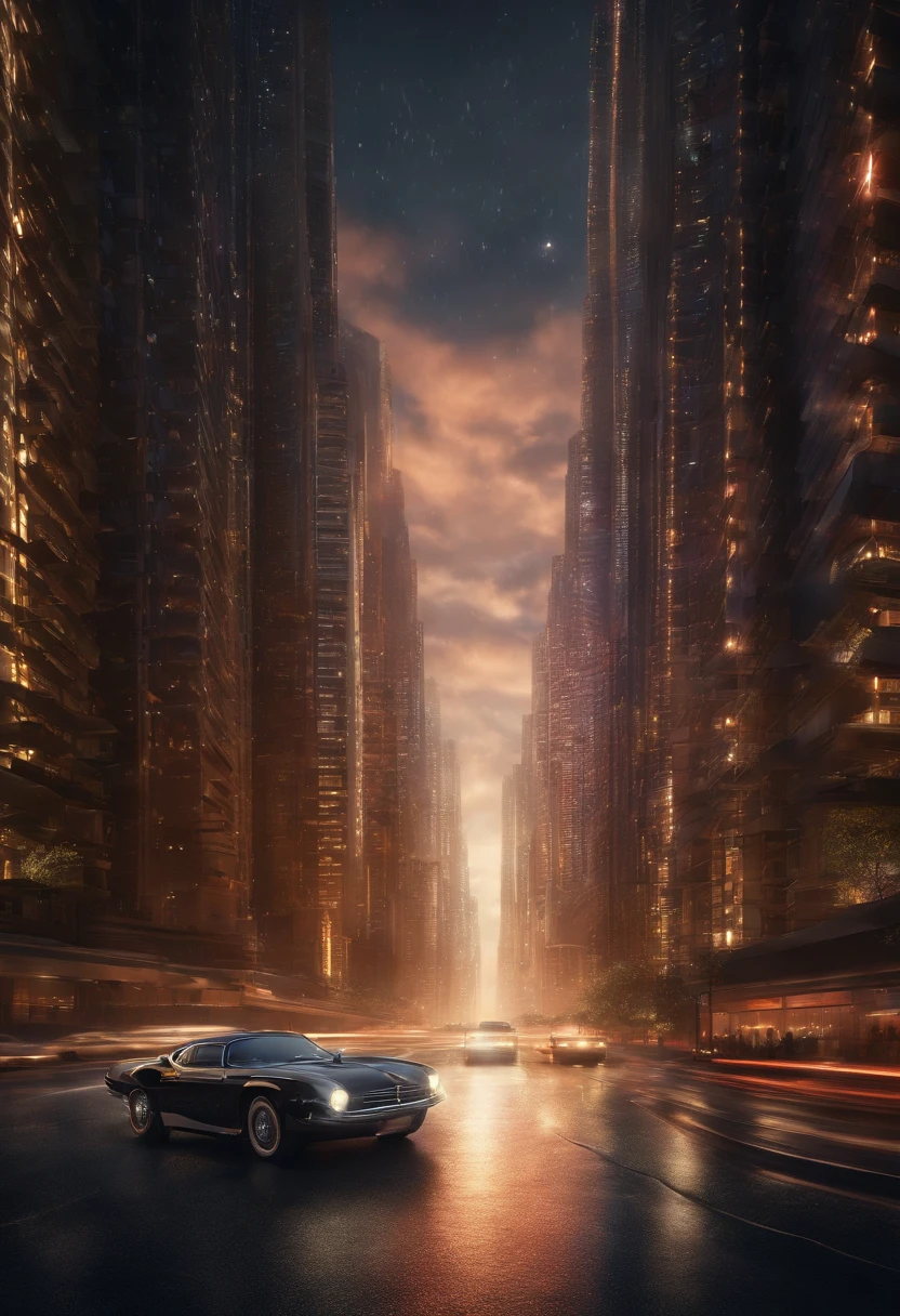 (absurdres, highres, ultra detailed), science fiction, long shot, futuristic city, nighttime, glass towers soar into the sky, lights, ribbons of light flow represent hovering cars flying between the towers. night sky, clouds, rain, reflections, city seems endless, streaks of light through sky