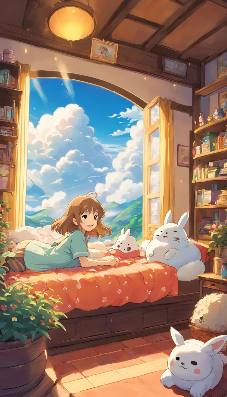 heal,Reject EMO,Very happy,Very happy,Face life with a smile,rays of sunshine,long whitr hair,Shaggy cloud pajamas,Cloud House,Snowman pillows,