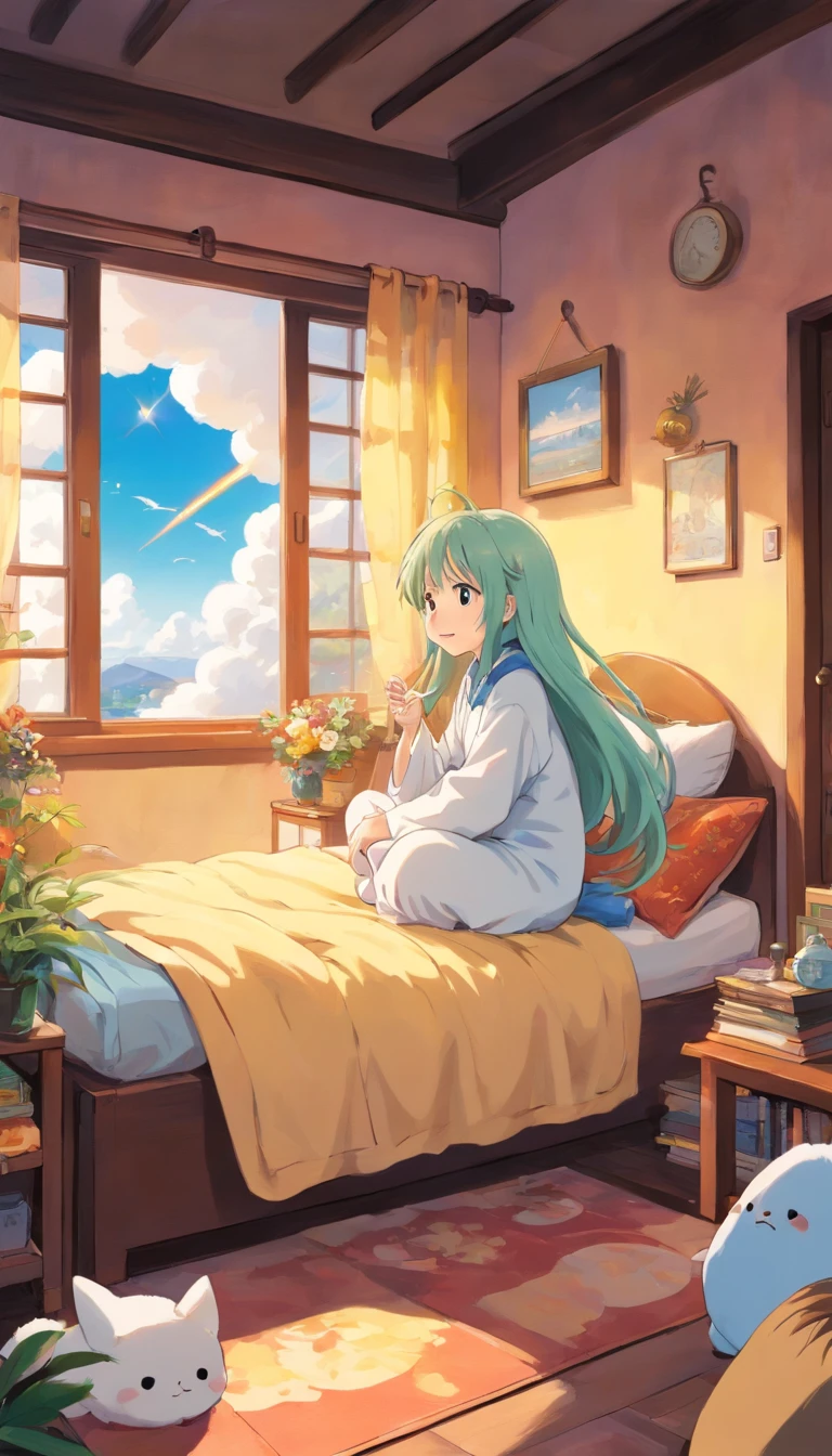 heal,Reject EMO,Very happy,Very happy,Face life with a smile,rays of sunshine,long whitr hair,Shaggy cloud pajamas,Cloud House,Snowman pillows,