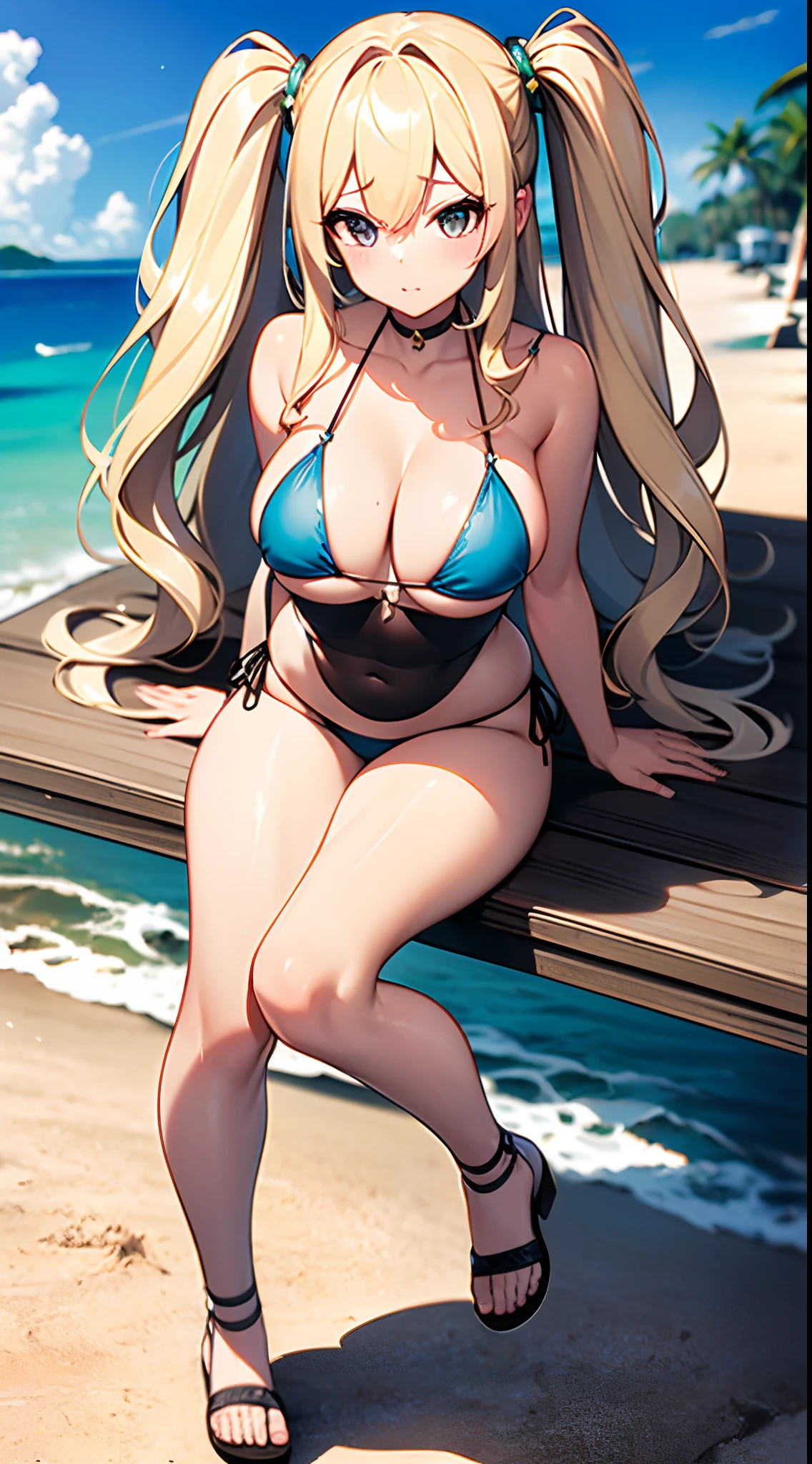 ((Best Quality)), (ultra-detailliert), ((Extremely detailed)), (Beautiful), ((Kawaii Girl)),(two side up hair)、((masutepiece)),Platinum Blonde Hair,Long hair, hair between eye, Wavy Hair, Long sideburns,Jade colored eyes, White skin,Normal Chest,Slender body,side tie bikini bottom、Sandals,in beach,One Woman,Anime