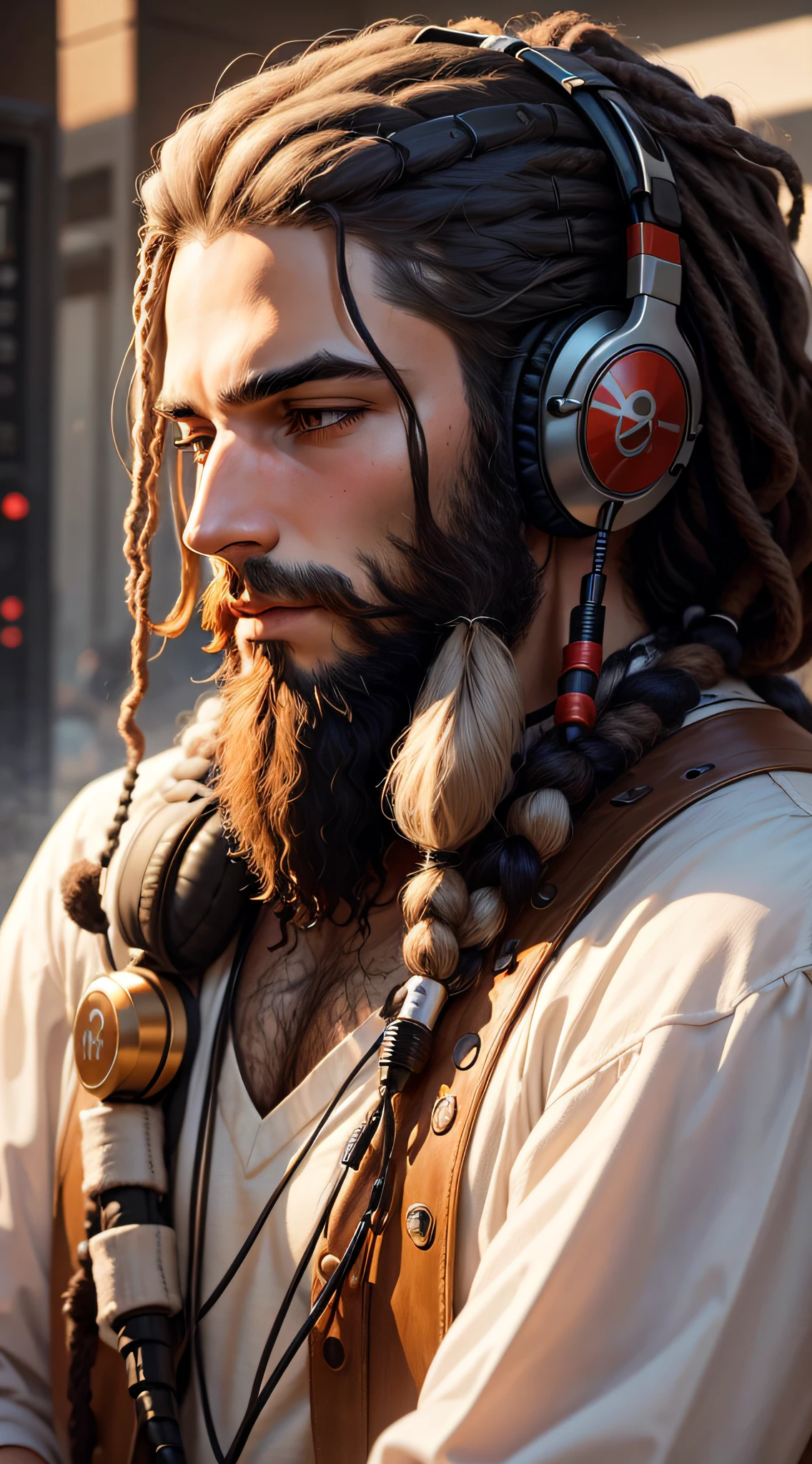 a man with long beard and dreadlock hair, listing to music with a headphone