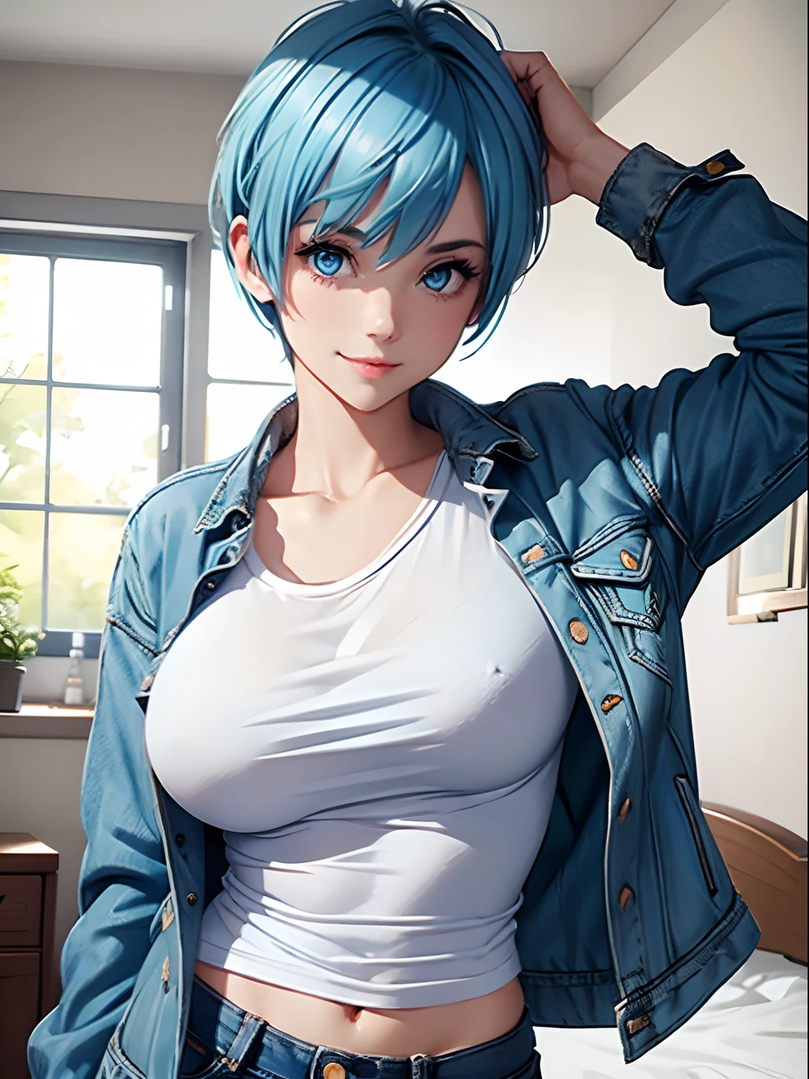 1girl, blue hair, blue eyes, pixie cut, large breasts, jean jacket, white t-shirt, smiling, bedroom