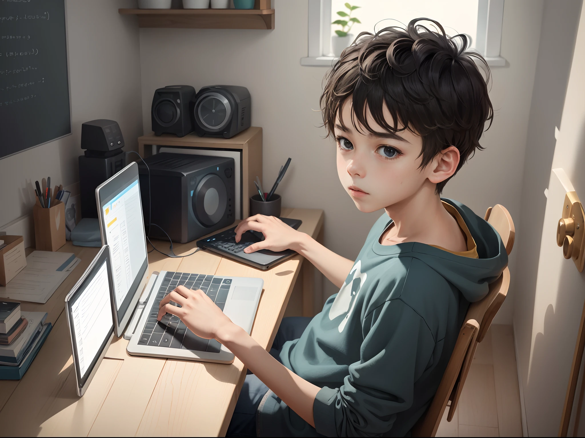 1boy, line art style, portraying a beginner in a basic room setting with a window, The person is trying a computer, depicted with simple and clean lines. Their expression and posture convey a sense of uncertainty, with a small '?' mark nearby,