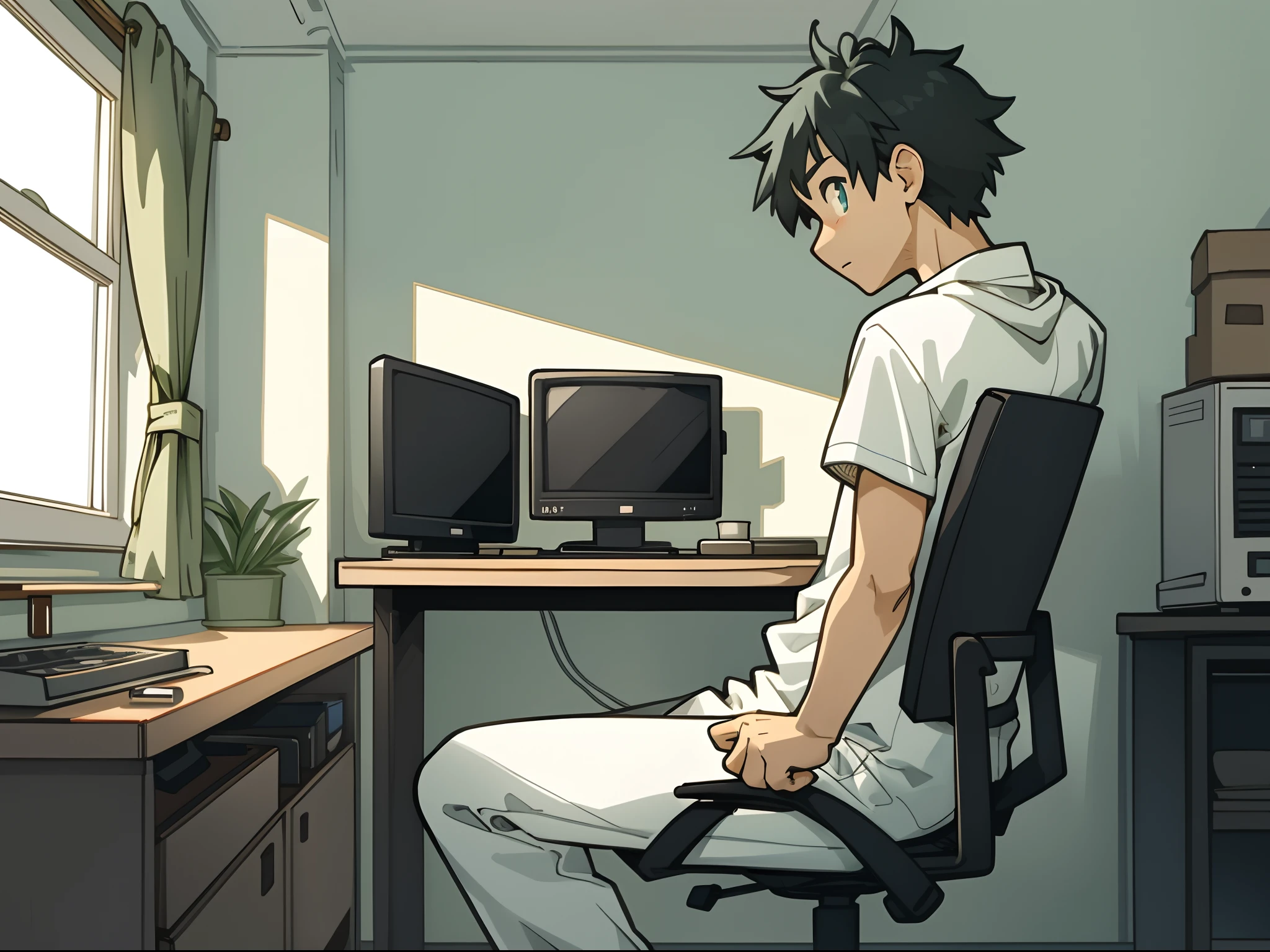 1boy, line art style, portraying a beginner in a basic room setting with a window, The person is trying a computer, depicted with simple and clean lines. Their expression and posture convey a sense of uncertainty, with a small '?' mark nearby,