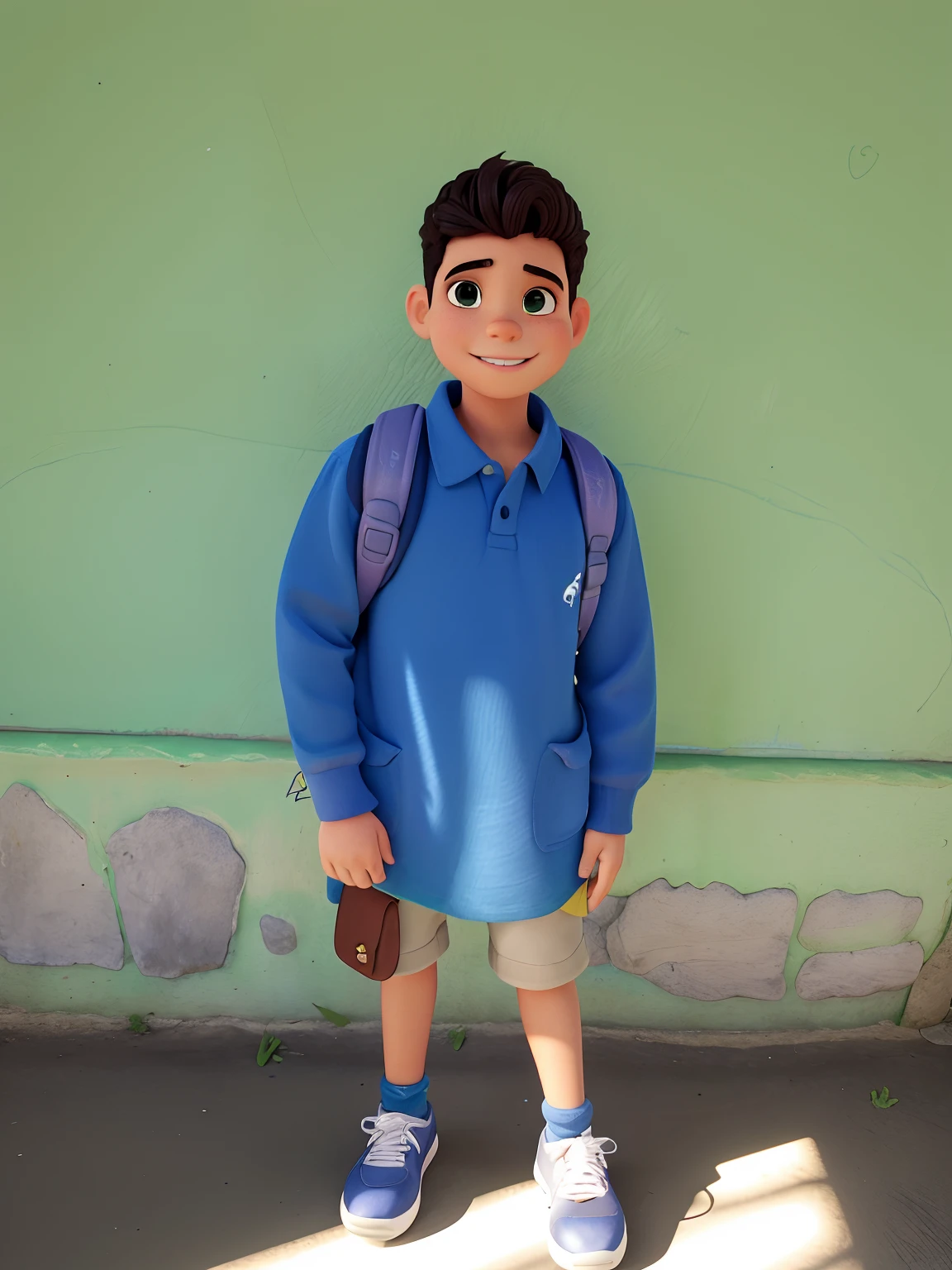 de camisa azul e bermuda roxa em frente a uma parede verde, meninono olhando, cabrito, Diego 5, menino novo,o anos, 4 anos de idade, Alejandro, 2 anos, 5 anos, vestindo uniforme de futebol escolar, Asher Duran, com uma mochila, caio santos, usando uniforme escolar, Artem, edu souza