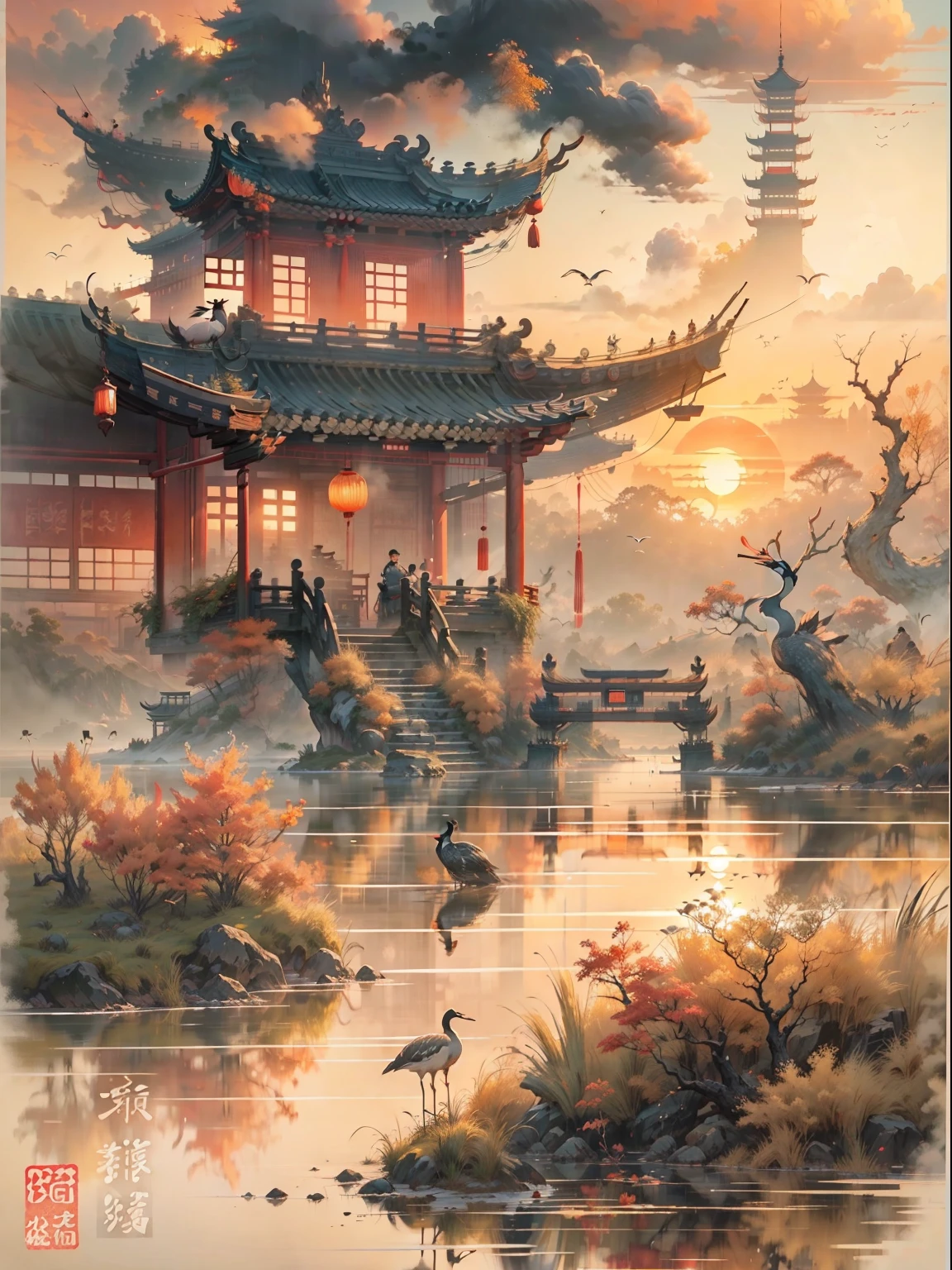 China ink painting，ink，The sunset and the solitary crane fly together，The autumn water is the same for a long time，The beauty of ancient poetry，the setting sun，Wild geese in the sky in the distance，Ancient buildings are scattered