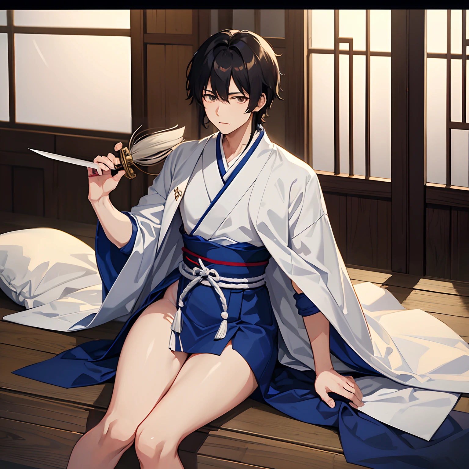 young twink boy. dressed in a feminine black kimono. showing legs. focus on the thighs. sexy. cute. shy. background is a japanese dojo.