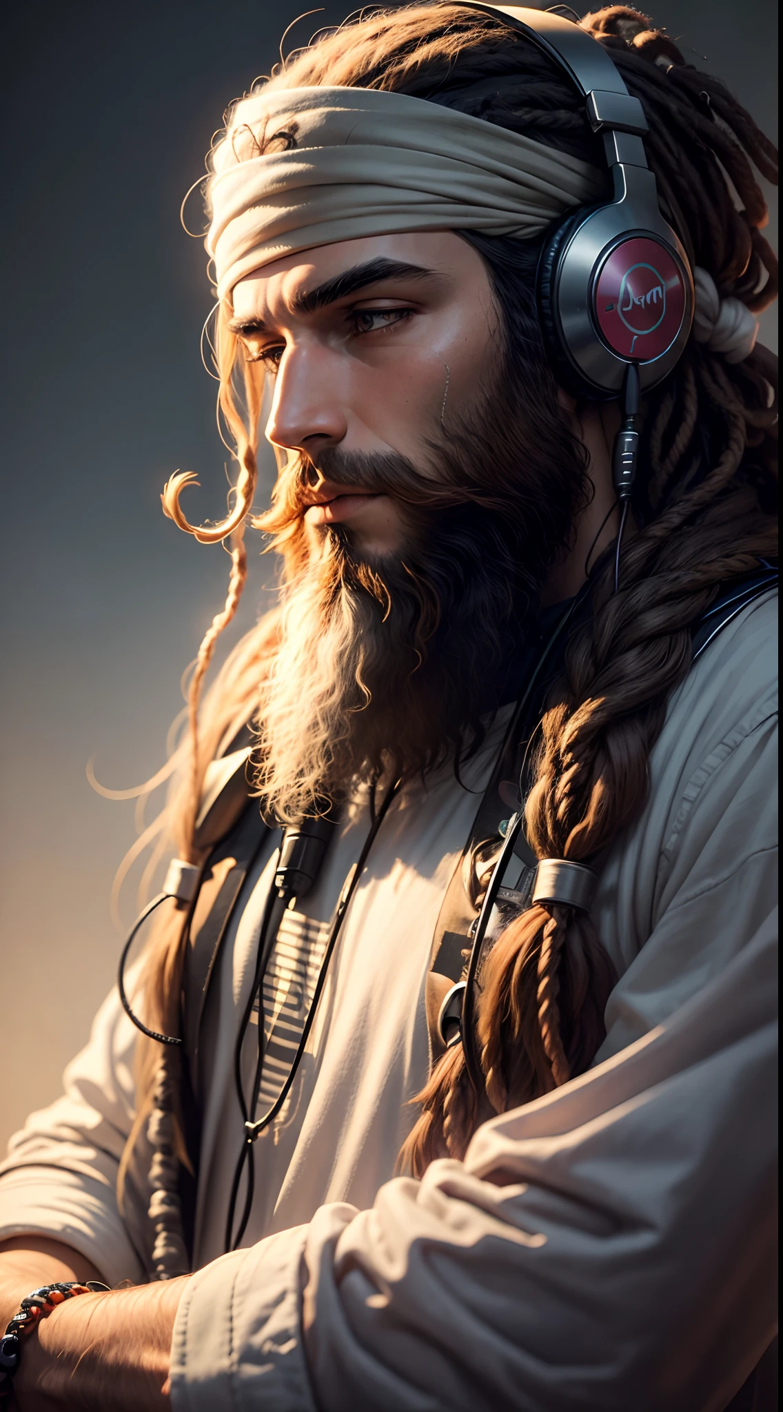 a man with long beard and dreadlock hair, listing to music with a headphone