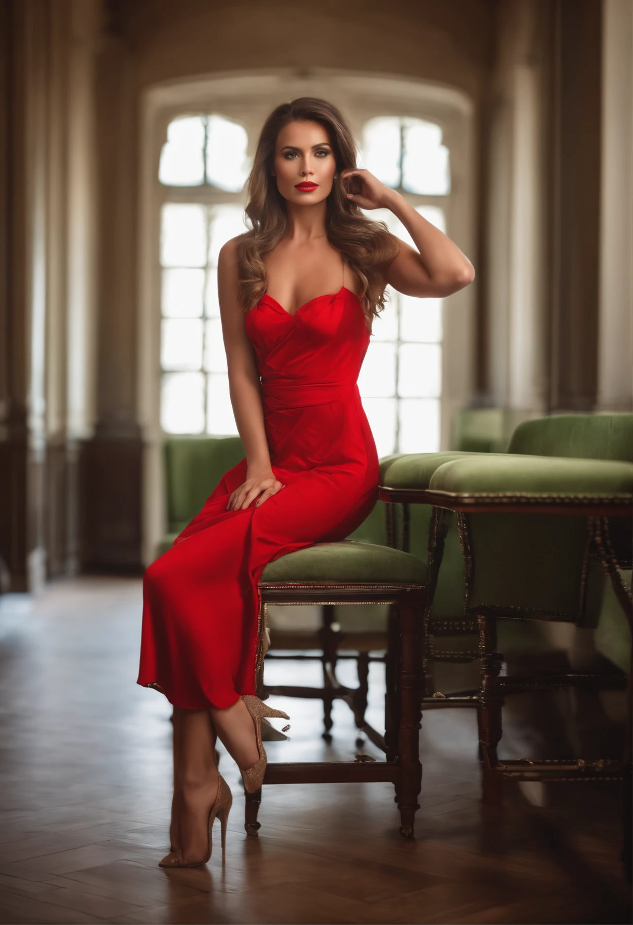 Une belle fille de 28 ans, Assis sur une chaise rouge chic, looking straight at camera, portant une robe longue rouge, Visage avec Artgram, Maquillage subtil, Superbe photo du corps entier, piercing green eyes, Bel angle, pose attrayante, fille mignonne, Image du corps entier, Prise de vue du corps entier, brunette goddess, High detail, pose satisfaite