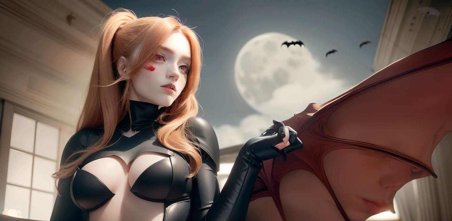 best quality, masterpiece, (realistic:1.2), 1girl, strawberry blonde hair, red eyes, Front, detailed face, beautiful eyes, bat wings, sitting one floor, bats, blue bodysuit, ponytail, vampire, cloud, moon, solo, high quality face, tech bodysuit, night, dusk, full moon, swarm of bats, red iris
