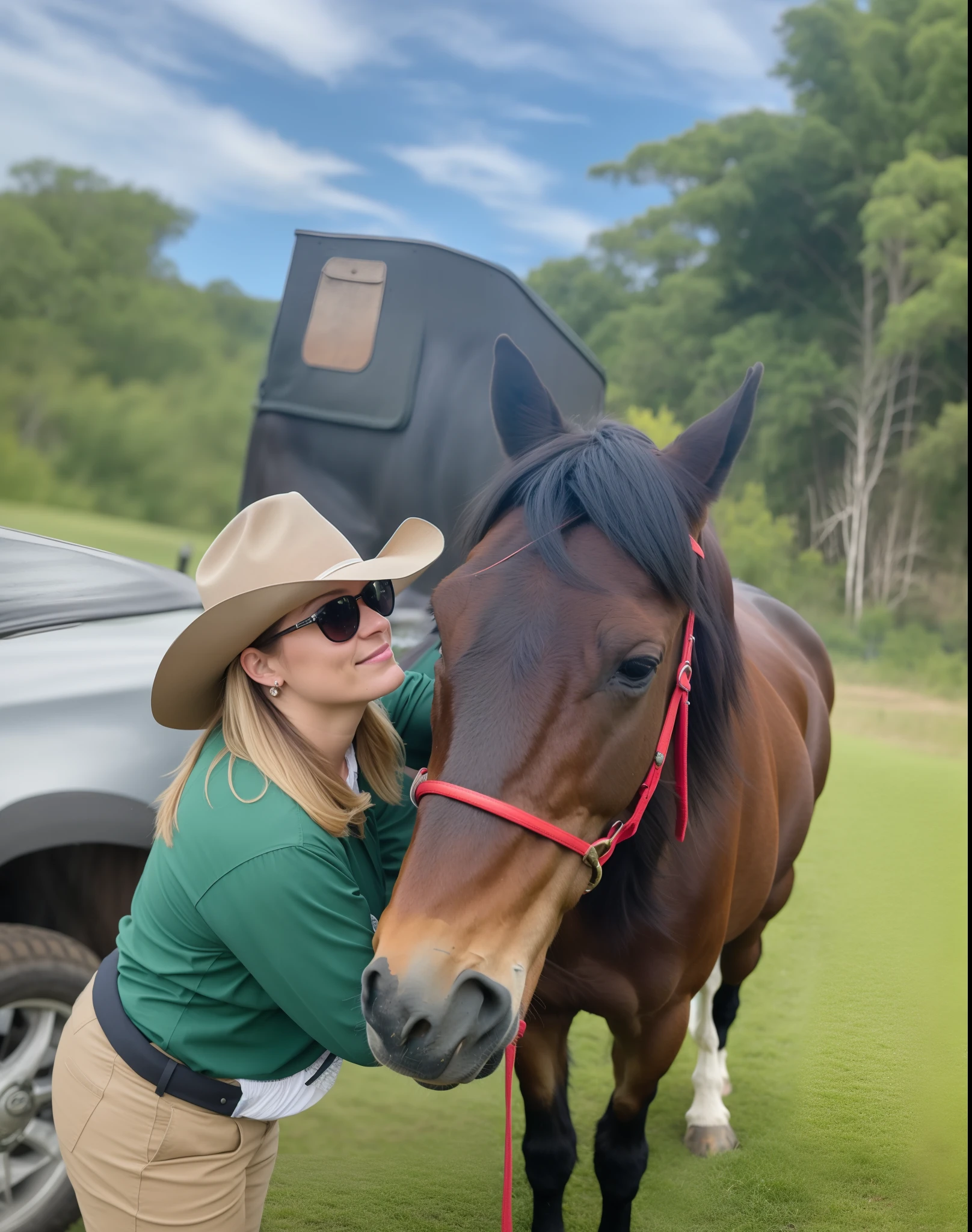 Woman in green shirt and hat stroking a horse in front of a truck, 👰 🏇 ❌ 🍃, com cavalo conduzido, Karla Ortiz, Directed by: Emma Andijewska, imagem de perfil, Malika Favre, Directed by: Judith Gutierrez, Directed by: Meredith Dillman, Directed by: David Ruby, exclusivo, Directed by: Daniel Lieske, Directed by: Daniel Schultz, Erin, Directed by: Matteo Pérez