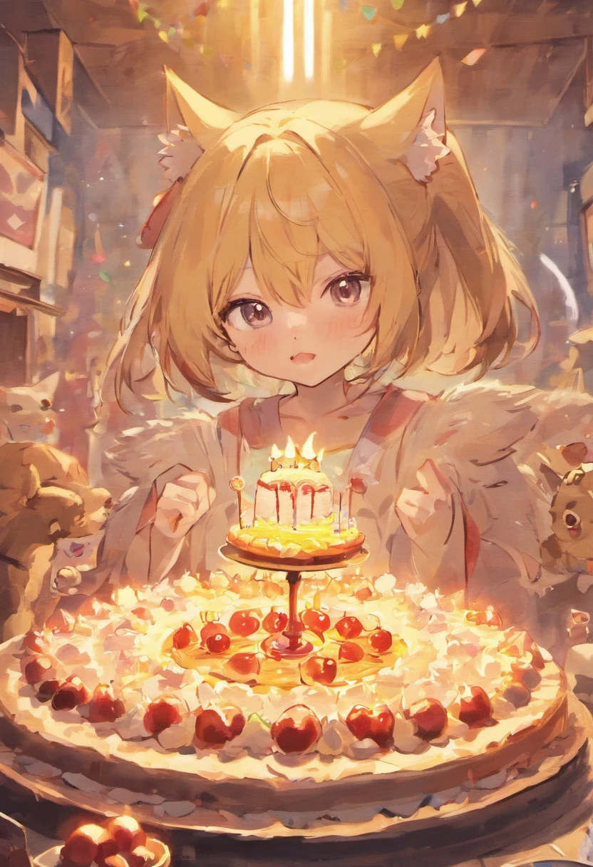 Lots of cute cats,hand painted style,The birthday cake,celebrating a birthday,cute-style